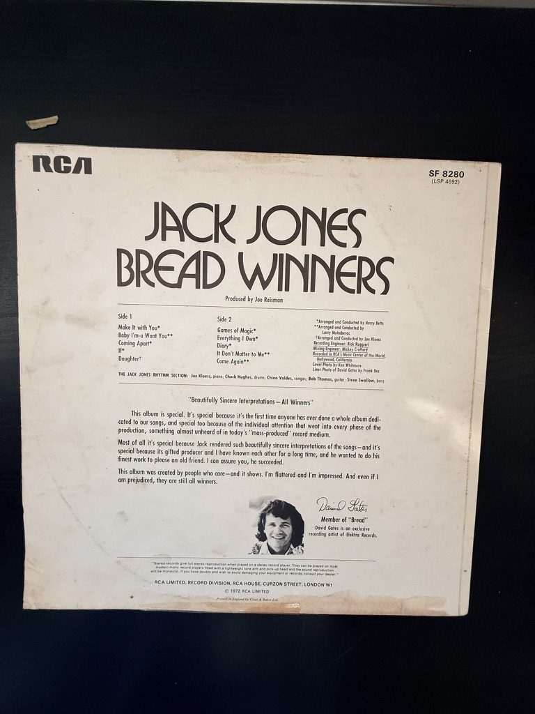 Jack Jones Bread Winners Vinyl LP Album Vintage 1972 image 2