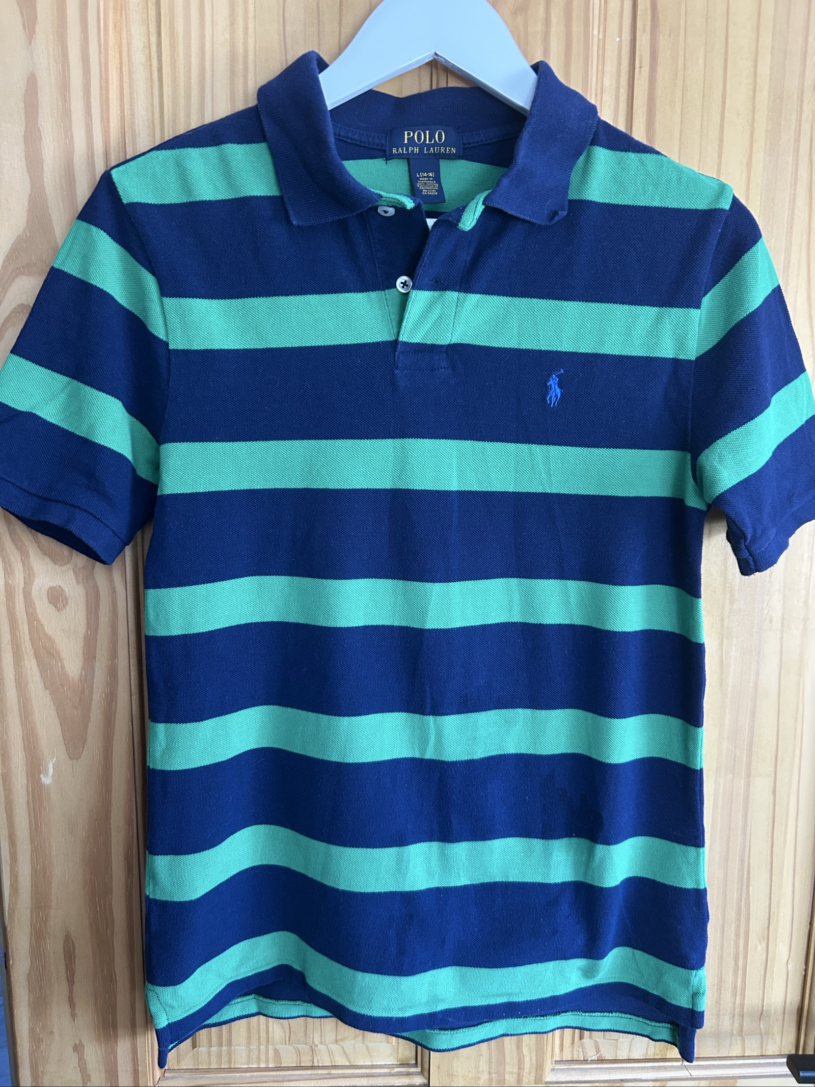 Polo Ralph Lauren Boys Navy & Green Striped Cotton Polo Shirt Large
