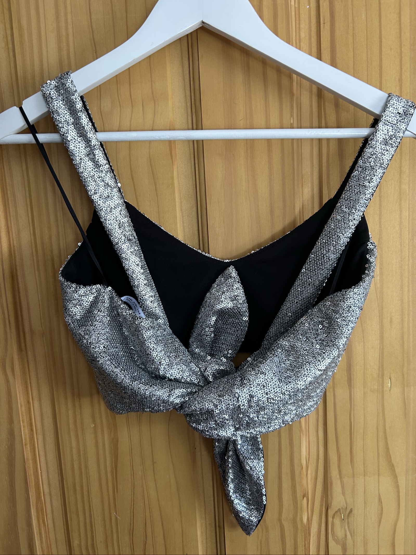 Zara Women's Silver Sequin Crop Top Medium Back Tie image 5