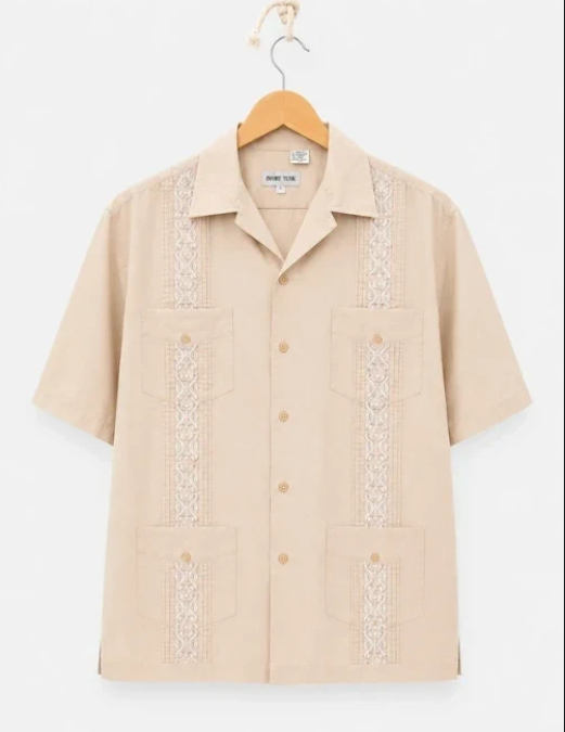 Ivory Tusk Beige Embroidered Casual Shirt Small Stain S