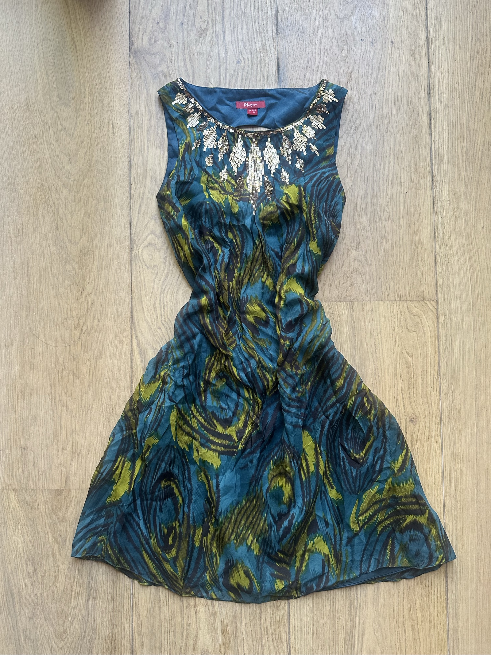 Monsoon Women's Blue & Green Peacock Print Sequin Dress UK 8 Sleeveless