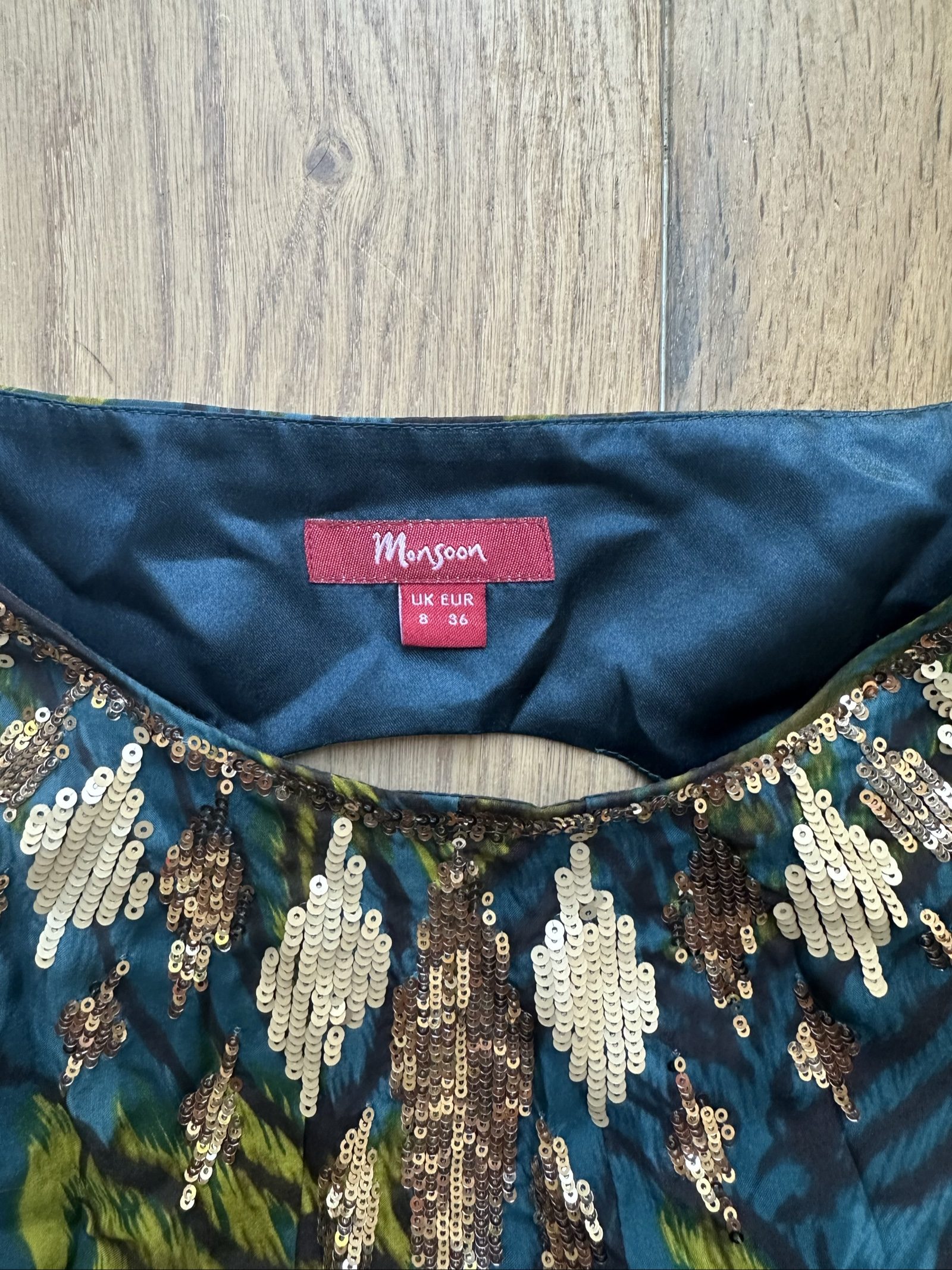 Monsoon Women's Blue & Green Peacock Print Sequin Dress UK 8 Sleeveless image 2