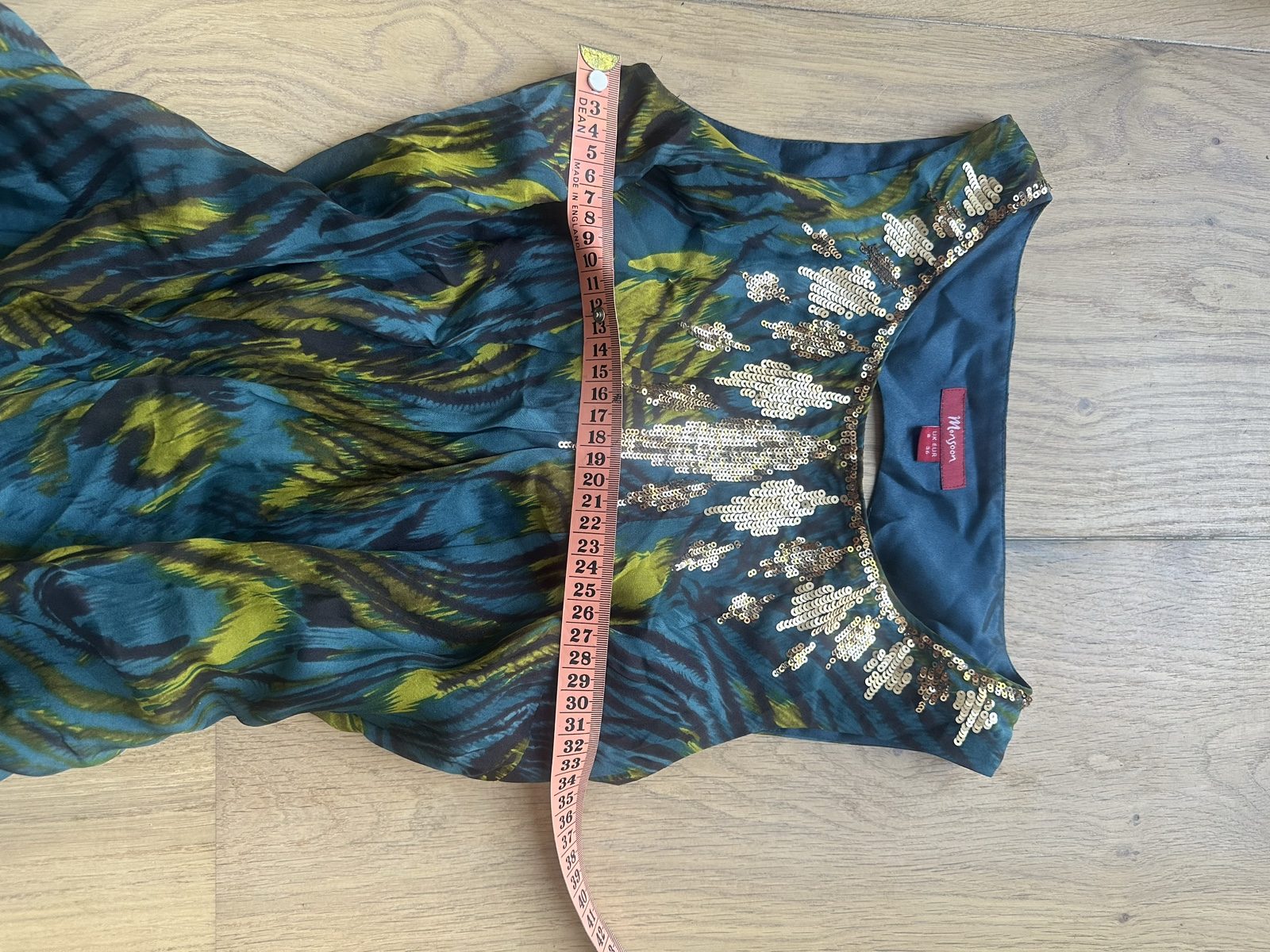 Monsoon Women's Blue & Green Peacock Print Sequin Dress UK 8 Sleeveless image 3