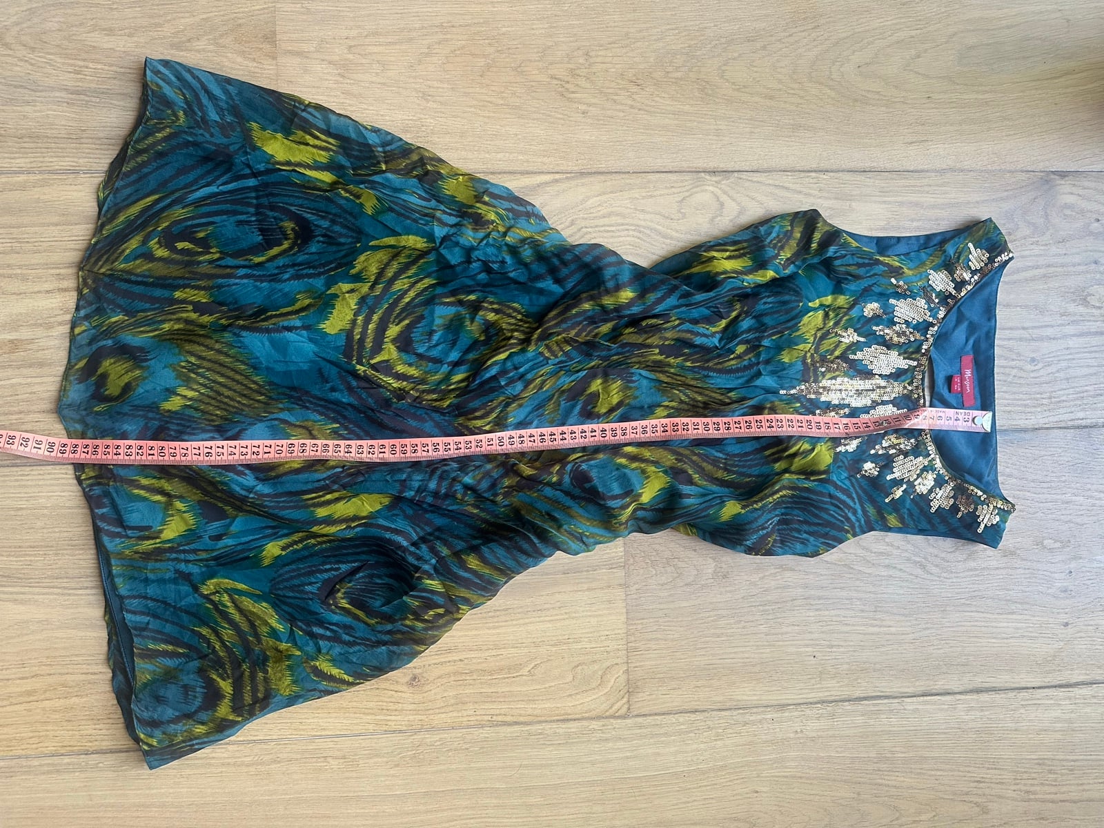 Monsoon Women's Blue & Green Peacock Print Sequin Dress UK 8 Sleeveless image 4