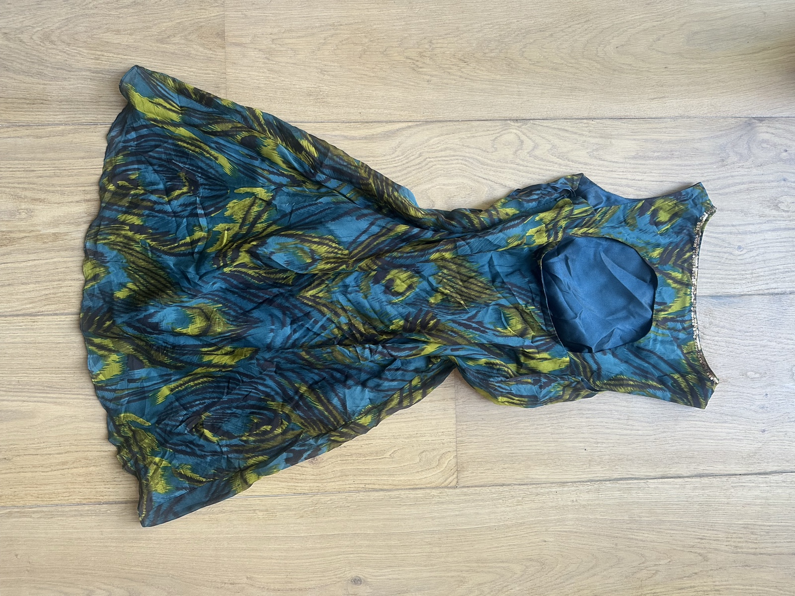 Monsoon Women's Blue & Green Peacock Print Sequin Dress UK 8 Sleeveless image 5