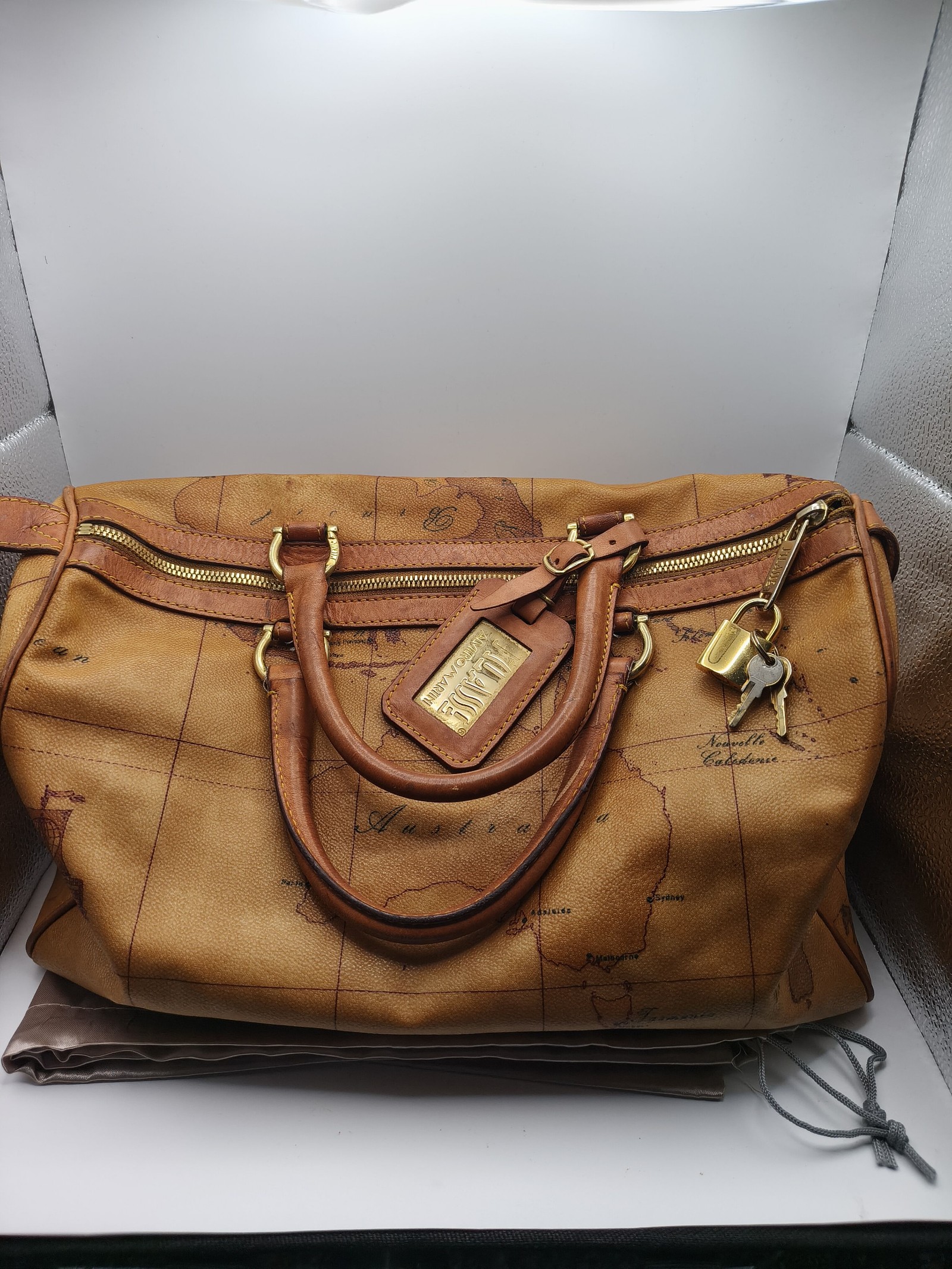 Alviero Martini Brown Map Print Leather Tote Bag Women