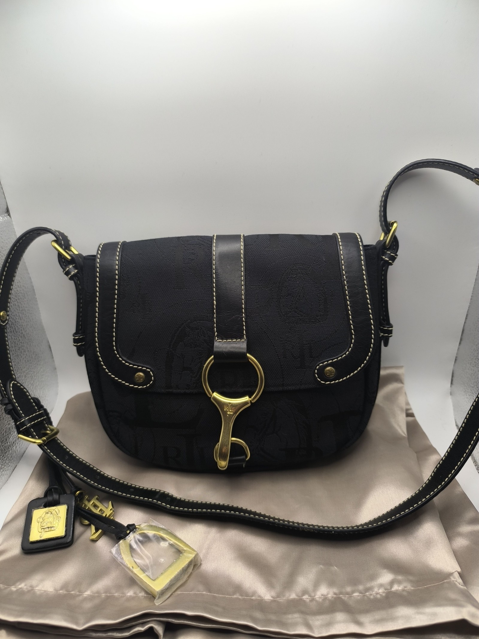 Ralph Lauren Women's Black Embossed Logo Leather Trim Crossbody Bag