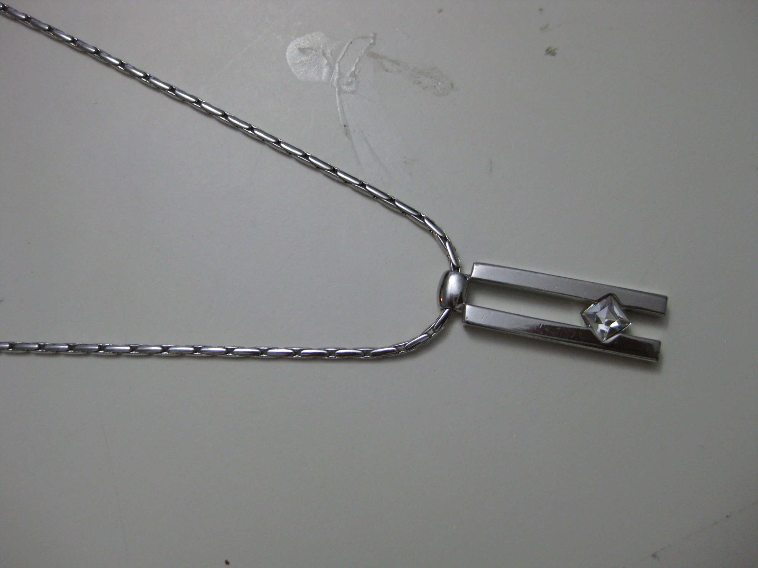Silver Tone Necklace with Geometric Pendant Clear Stone Unisex
