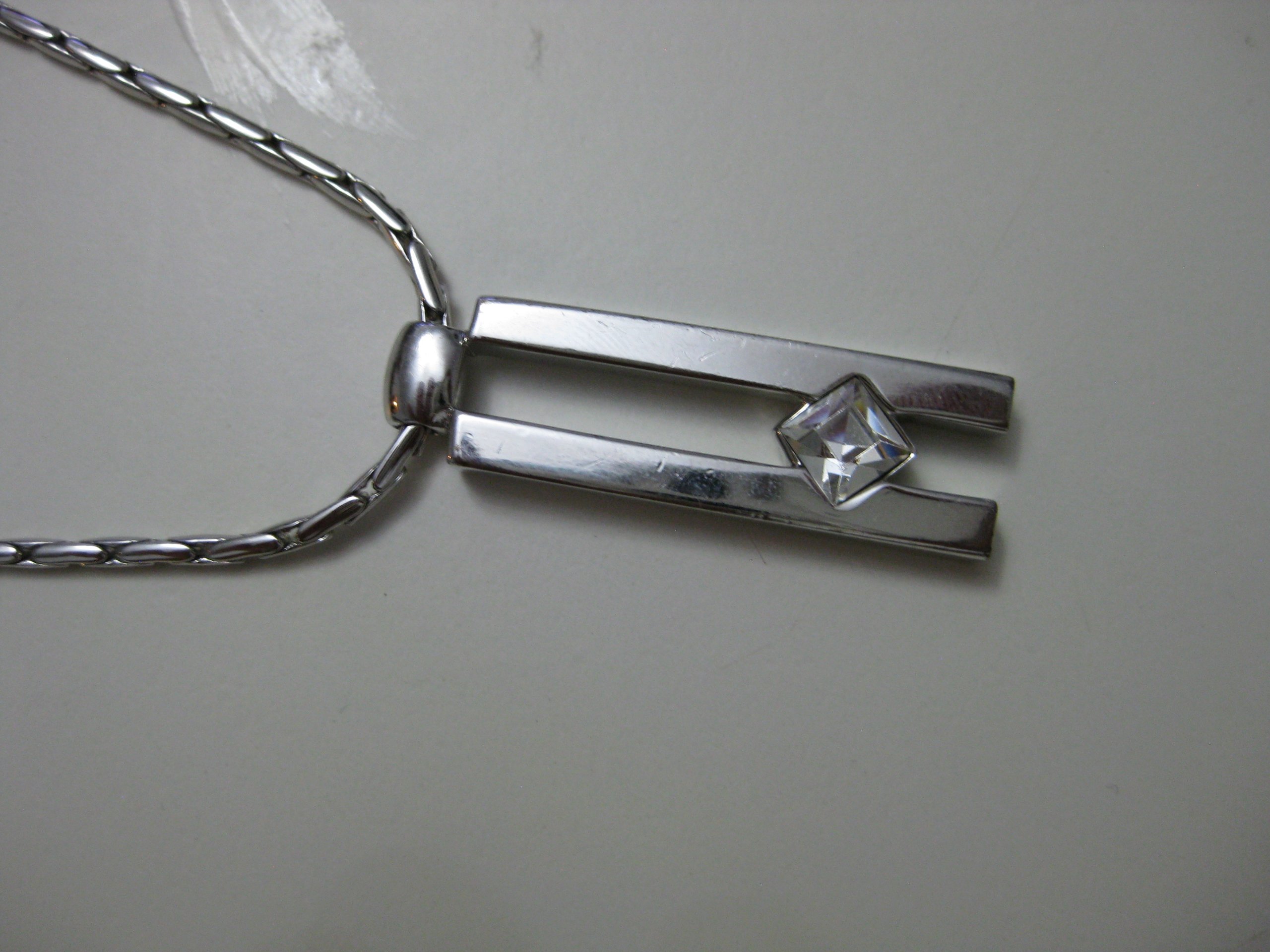 Silver Tone Necklace with Geometric Pendant Clear Stone Unisex image 2