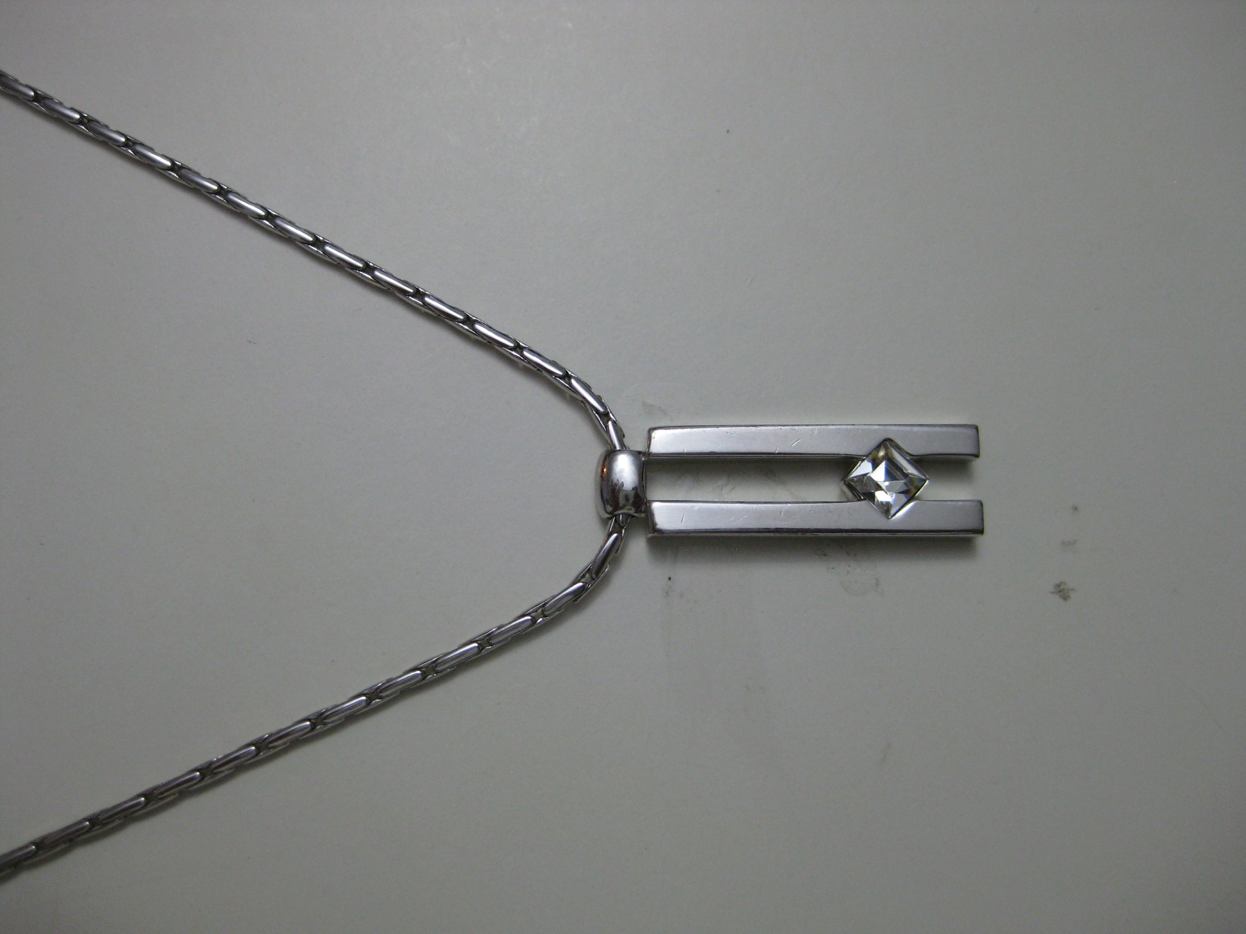 Silver Tone Necklace with Geometric Pendant Clear Stone Unisex image 5