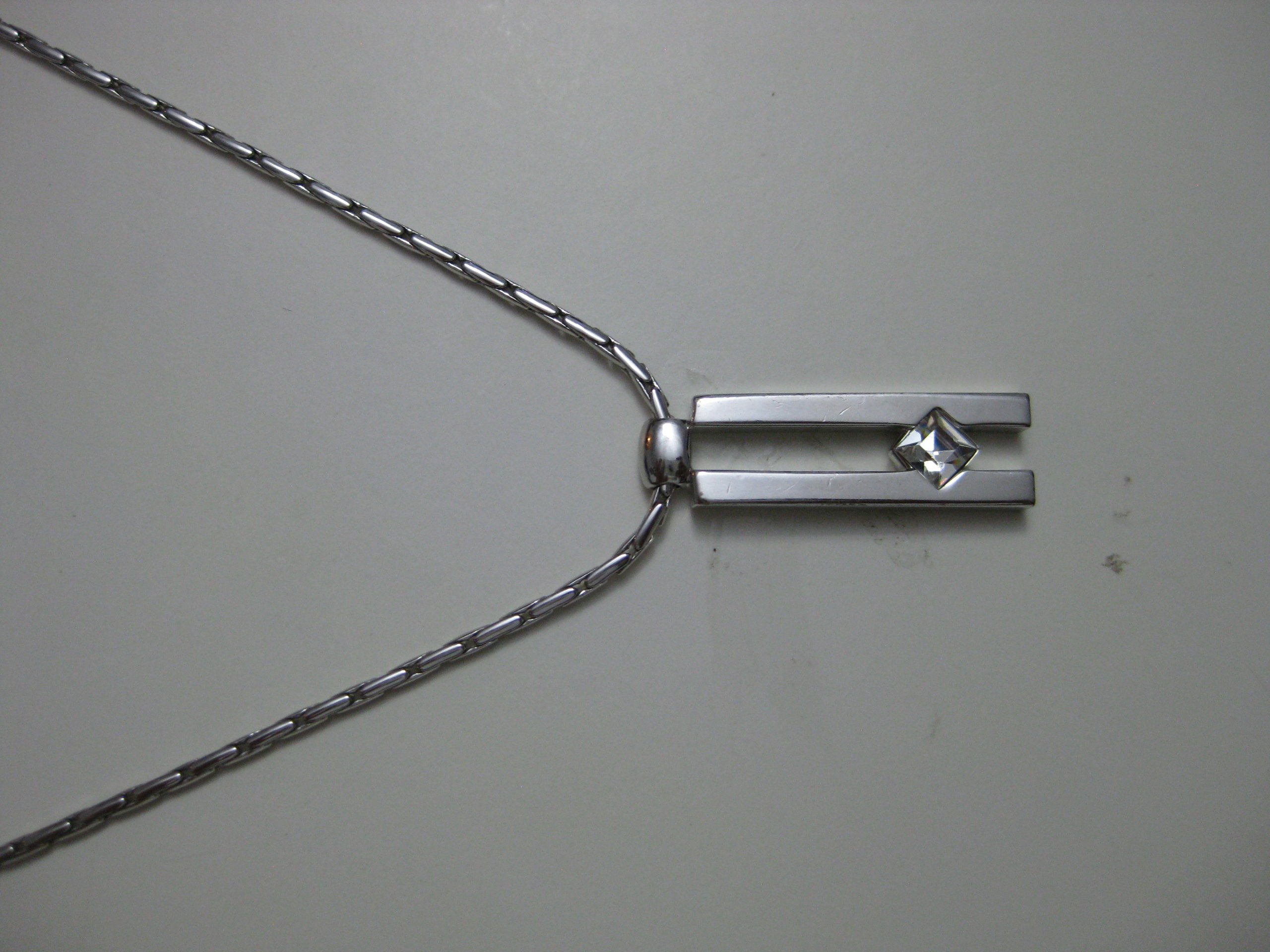 Silver Tone Necklace with Geometric Pendant Clear Stone Unisex image 6
