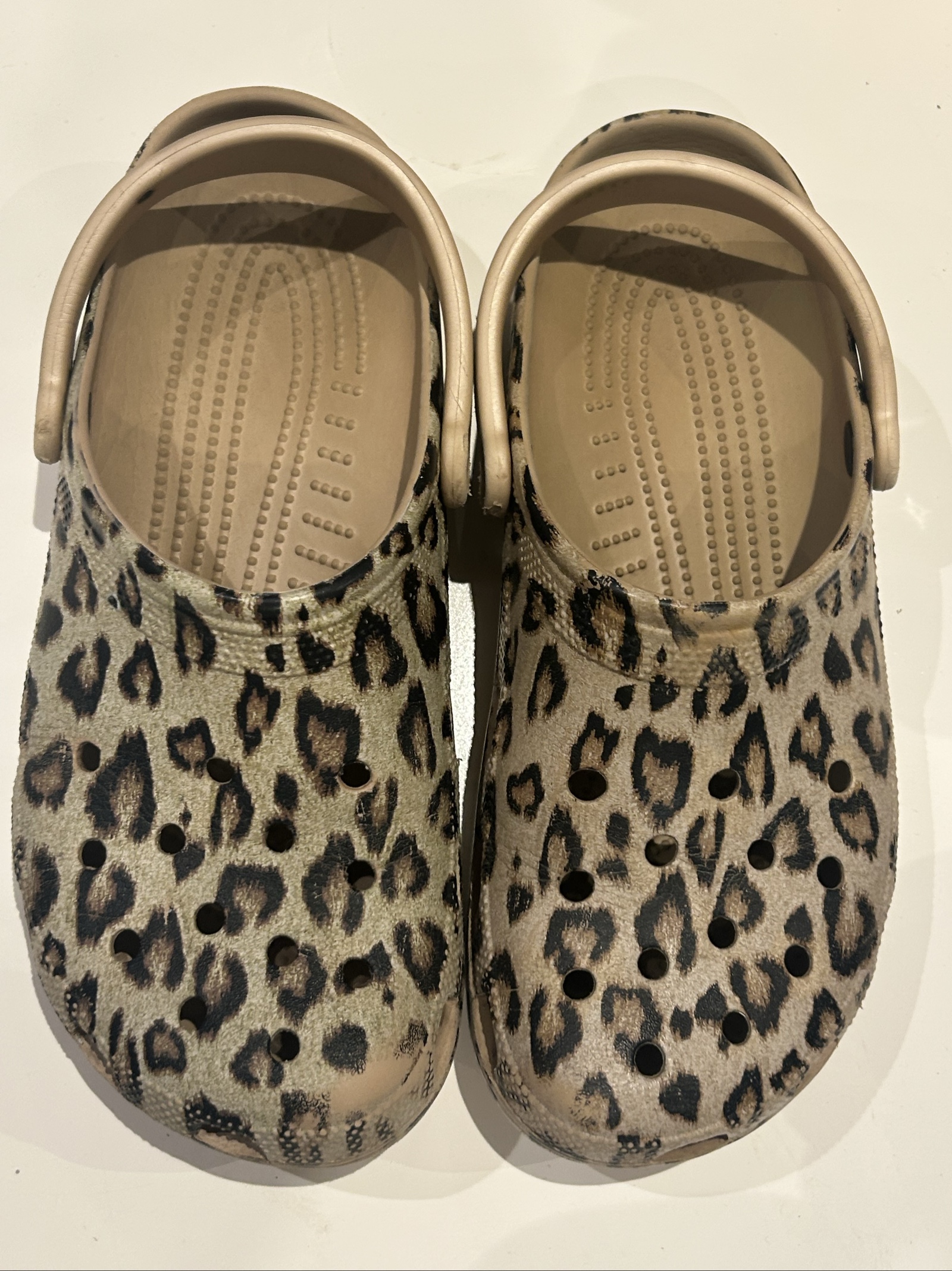 Crocs Beige & Black Leopard Print Clogs US 11 / UK 9