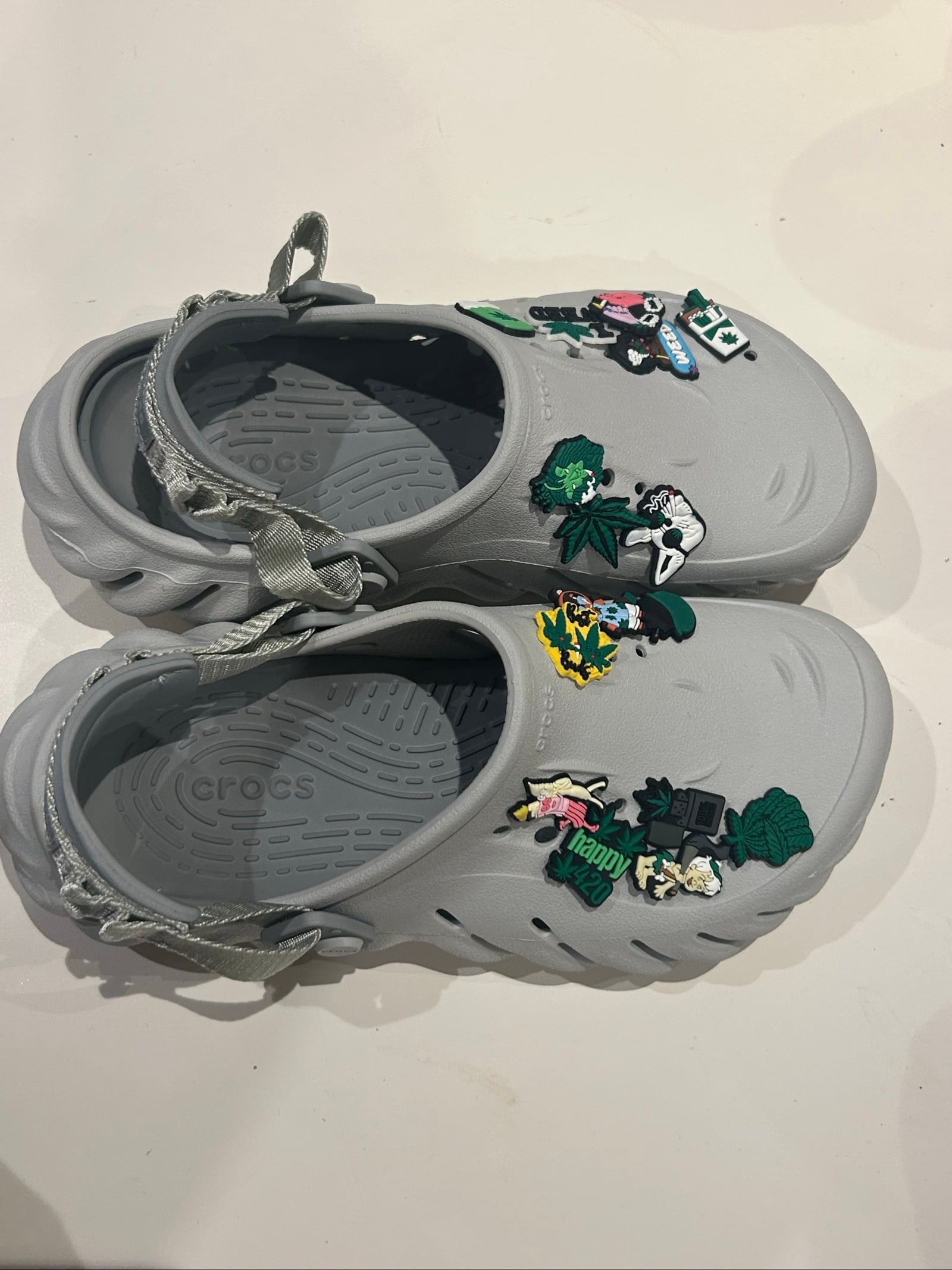Crocs Grey Foam Clog UK 6 with Weed Charms image 2