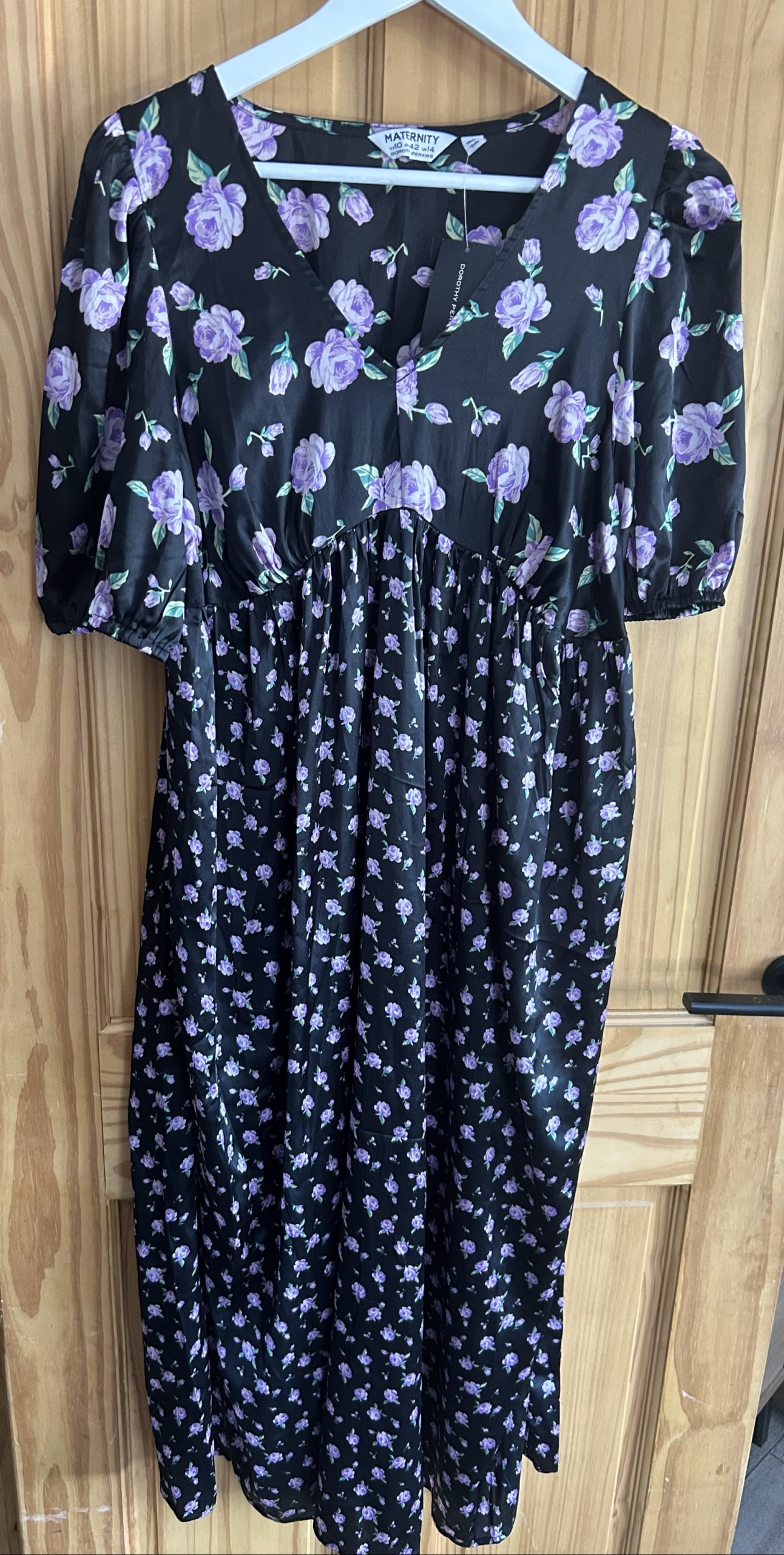 Dorothy Perkins Women's Black & Lilac Floral Satin Maternity Midi Dress UK 14