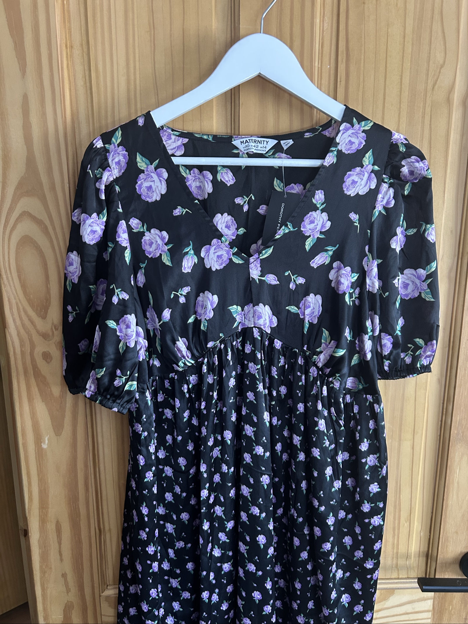 Dorothy Perkins Women's Black & Lilac Floral Satin Maternity Midi Dress UK 14 image 2