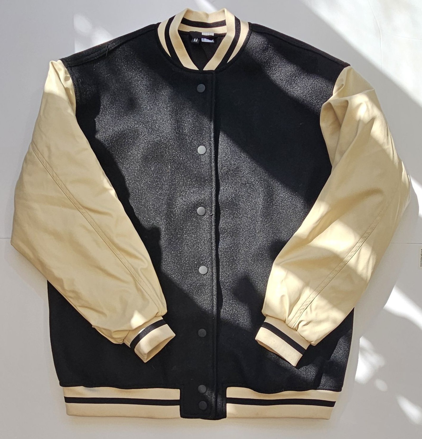 H&M Black & Beige Varsity Jacket XXS Faux Leather Sleeves