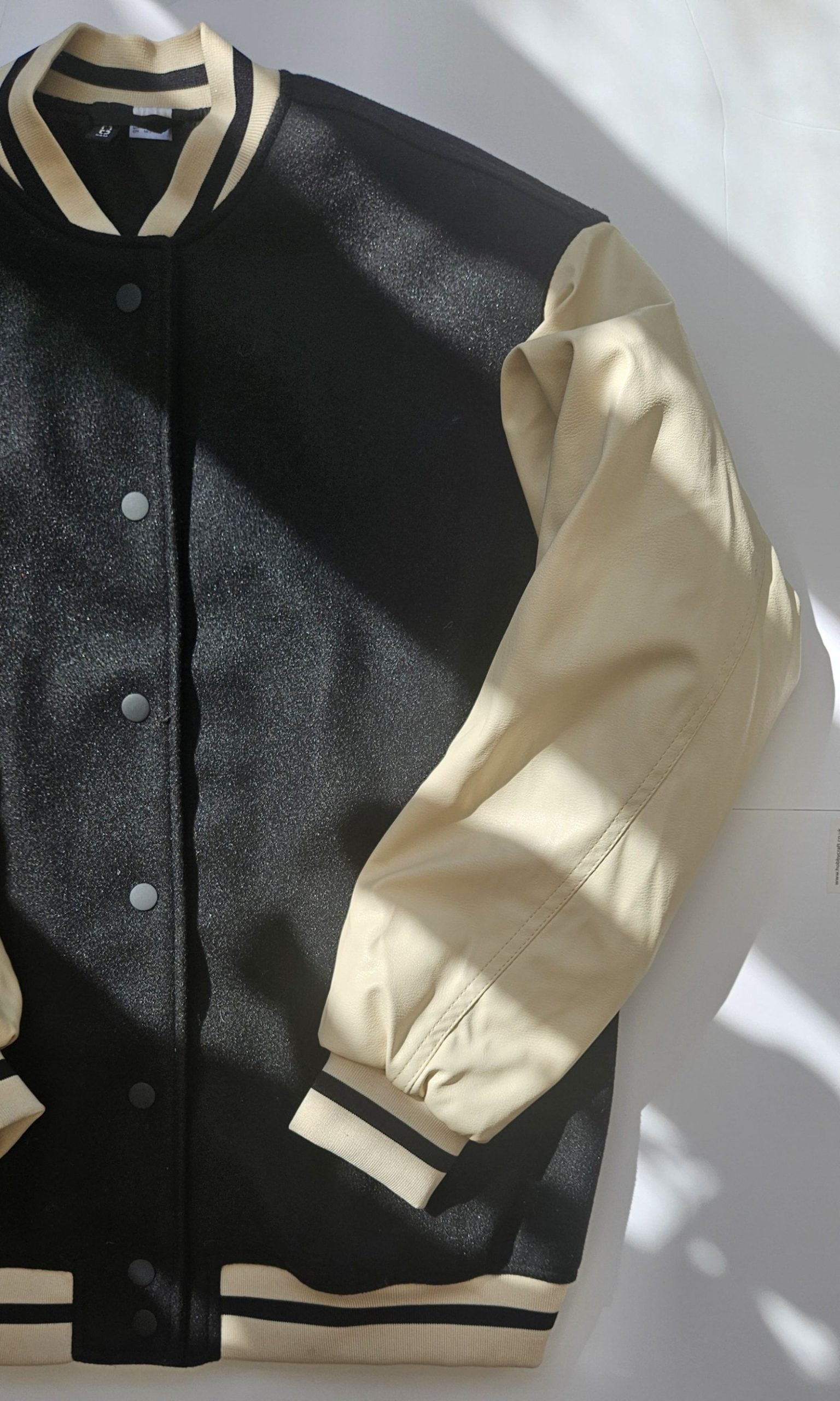 H&M Black & Beige Varsity Jacket XXS Faux Leather Sleeves image 2