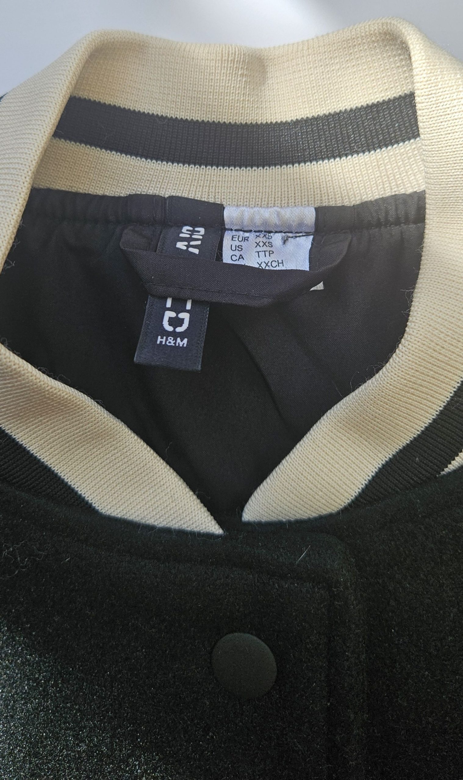 H&M Black & Beige Varsity Jacket XXS Faux Leather Sleeves image 3