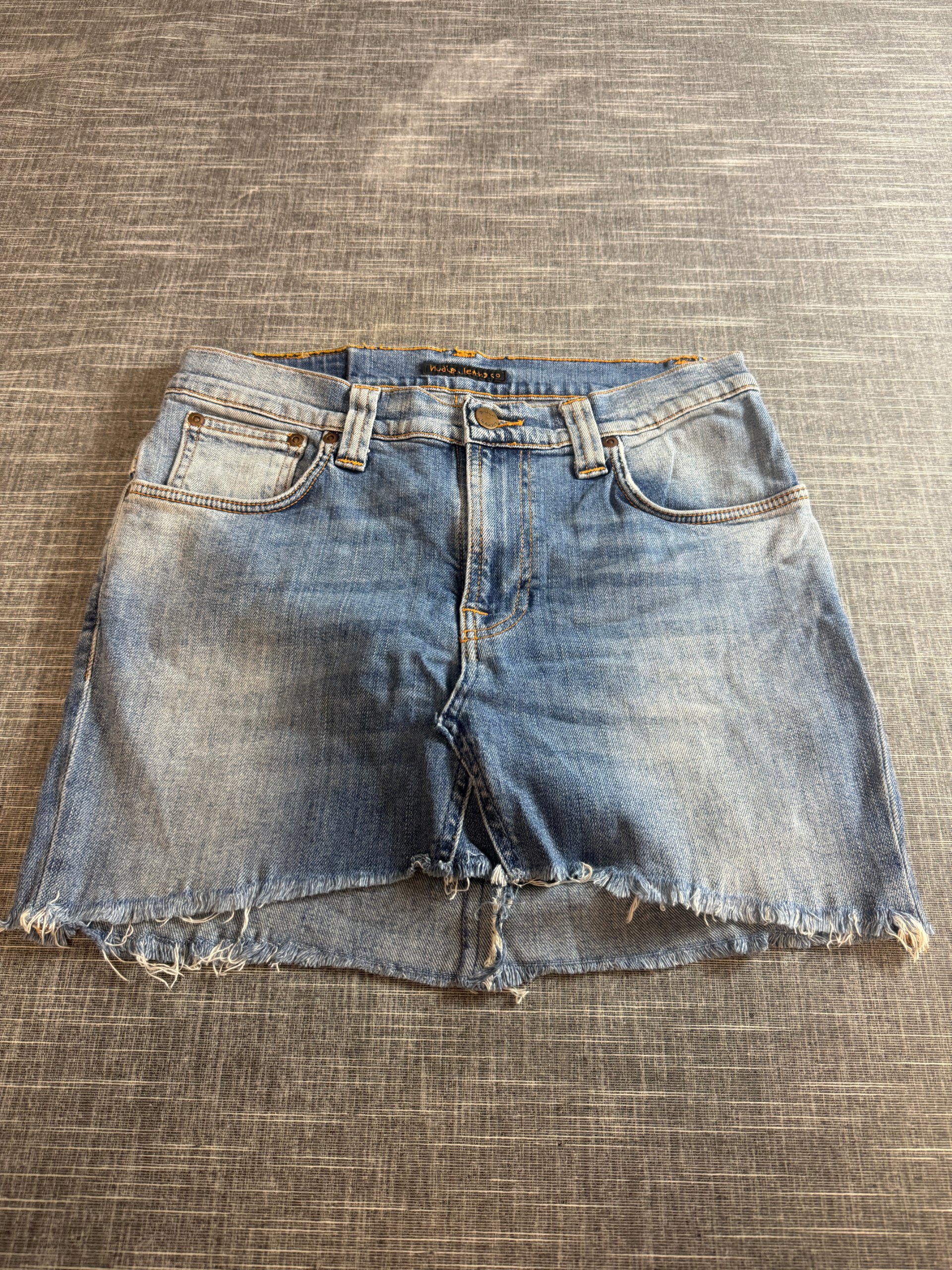 Nudie Jeans Women’s Denim Mini Skirt Light Blue Frayed Hem