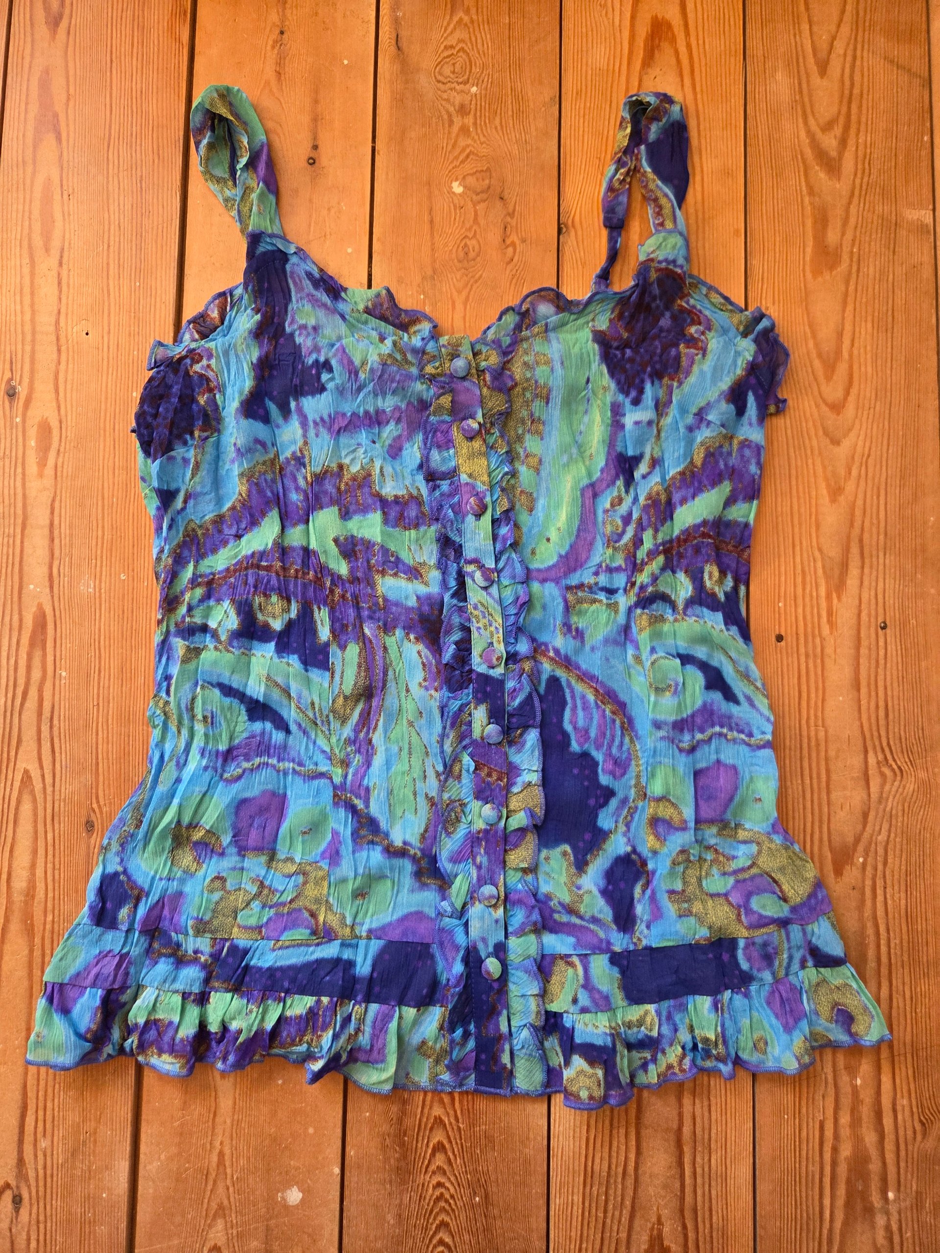 Vintage Y2K Per Una Blue Purple Paisley Ruffle Button Front Cami Top UK 10