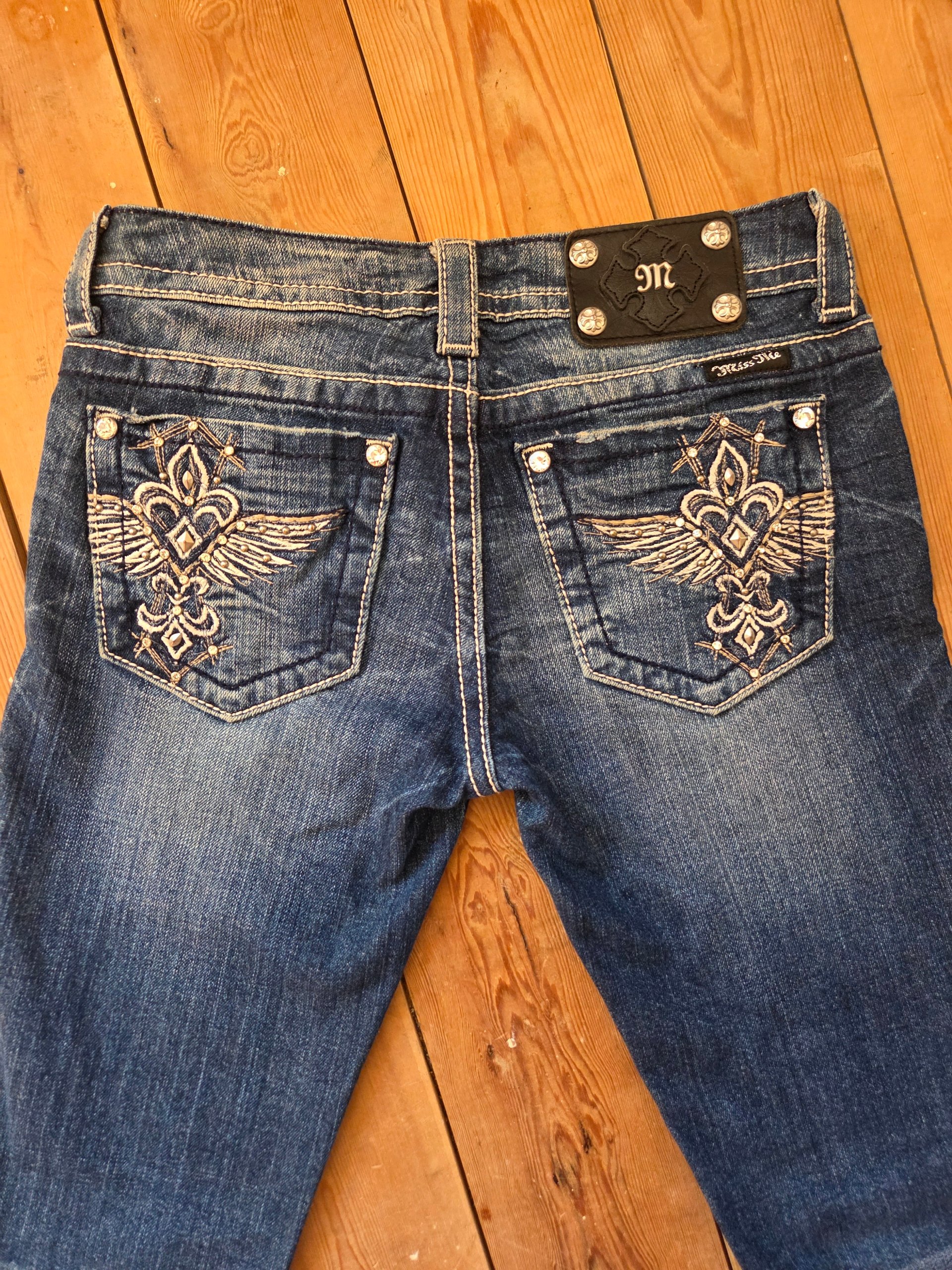 Miss Me Y2K Embellished Wing Pocket Bootcut Jeans Women’s UK 8 McBling Rhinestone