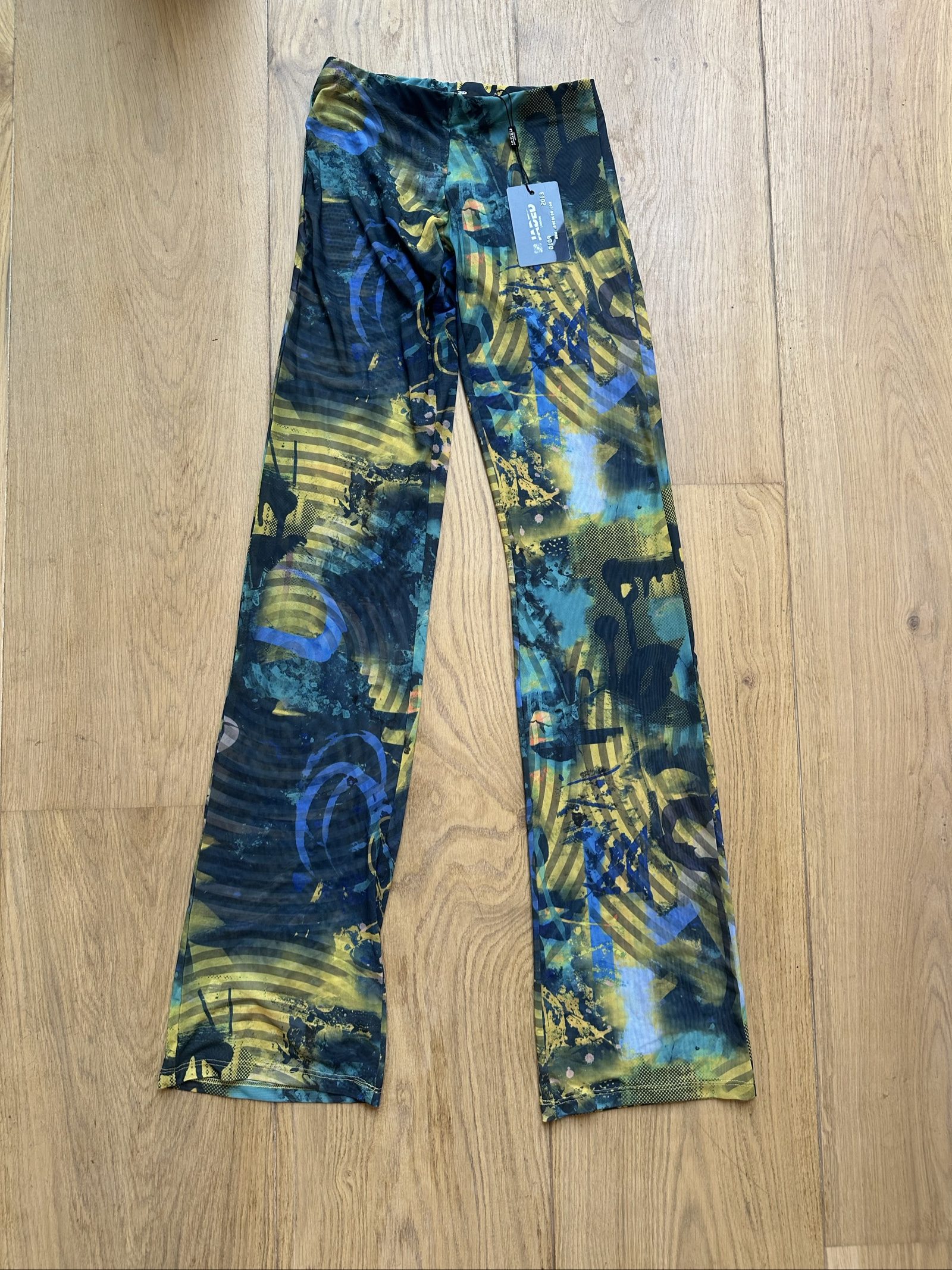 Jaded London Multi Blue & Yellow Printed Mesh Flared Trousers UK 4