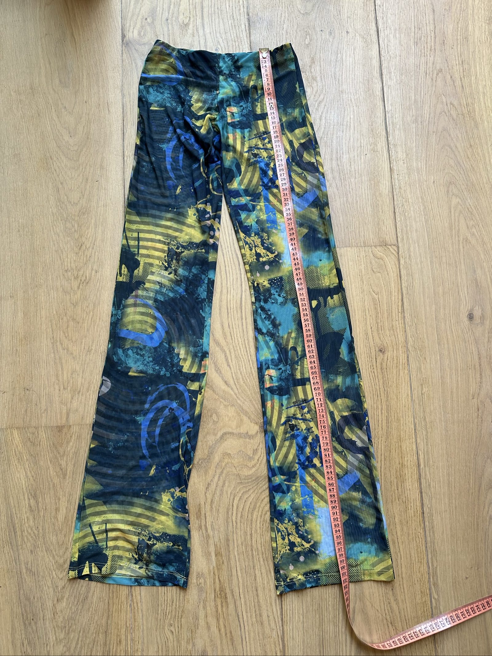 Jaded London Multi Blue & Yellow Printed Mesh Flared Trousers UK 4 image 5