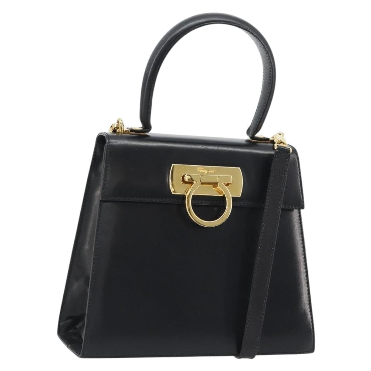 Salvatore Ferragamo Gancini Hand Bag Leather 2way Black Gold Auth 190688