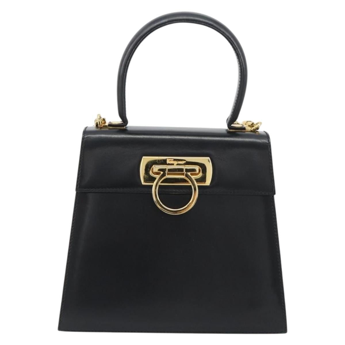 Salvatore Ferragamo Gancini Hand Bag Leather 2way Black Gold Auth 190688 image 2