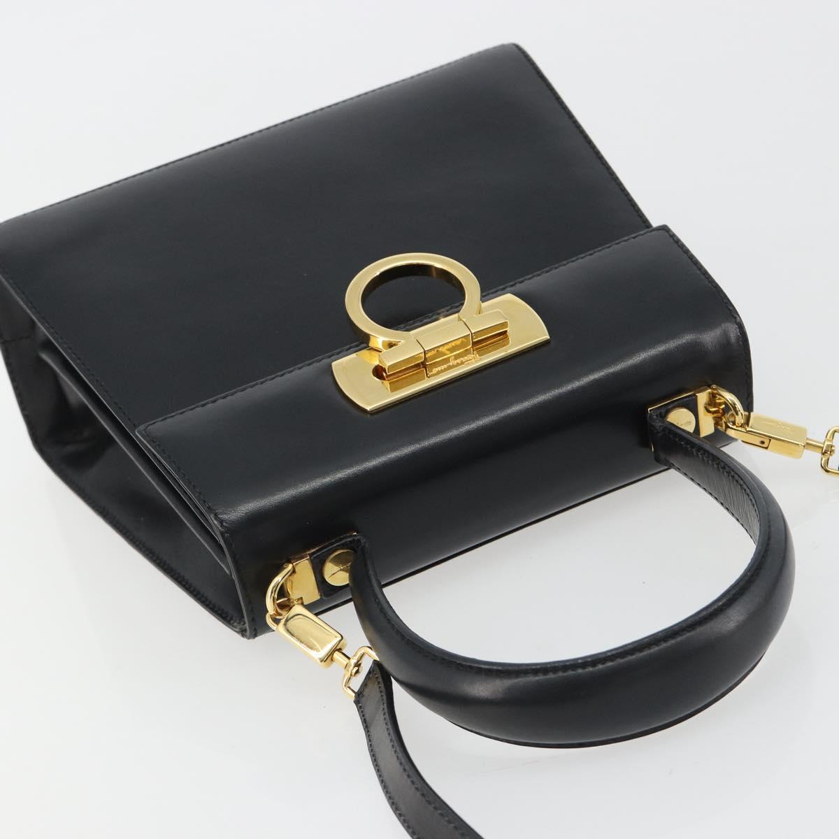 Salvatore Ferragamo Gancini Hand Bag Leather 2way Black Gold Auth 190688 image 6