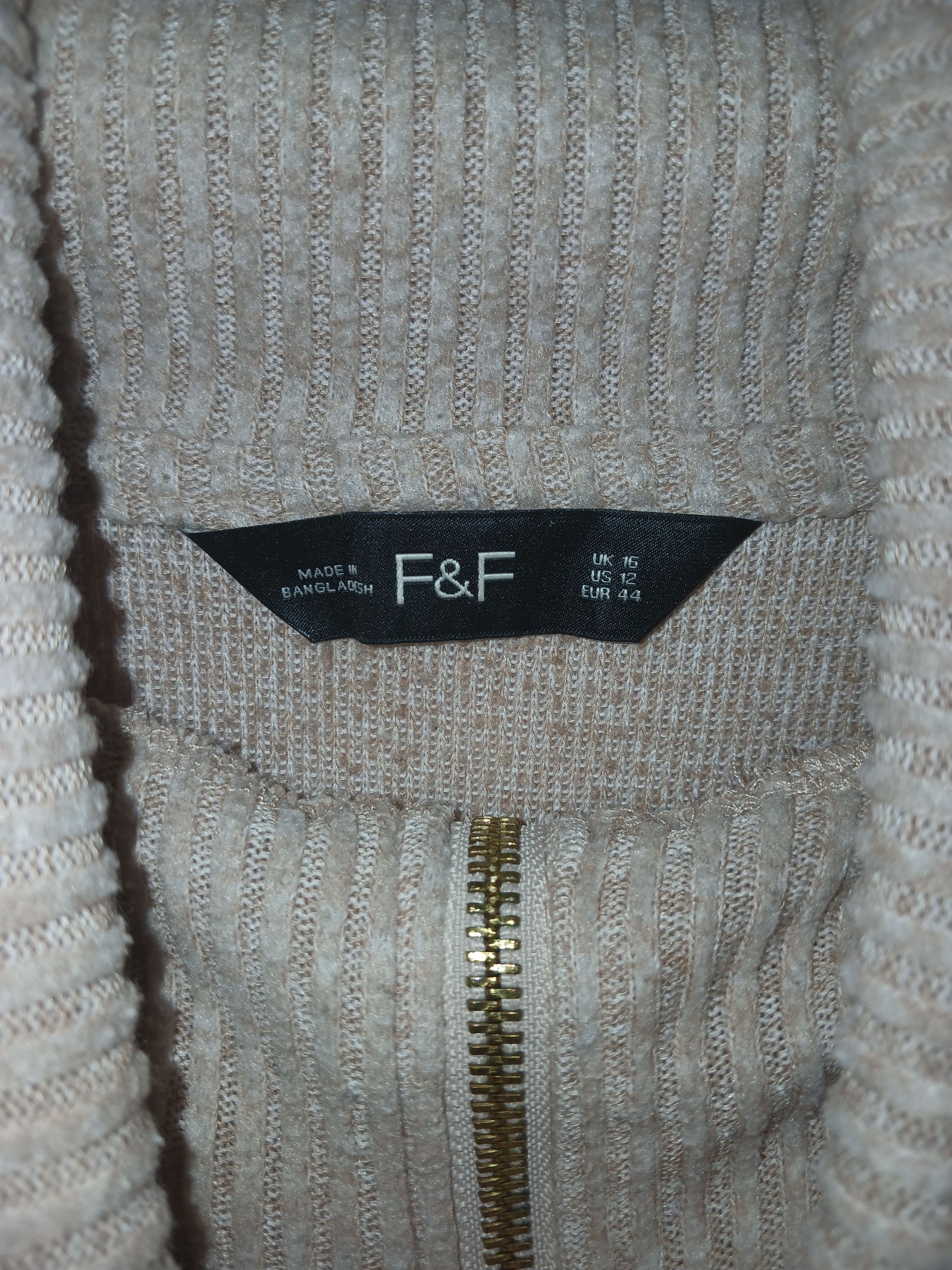 F&F Women's Beige Ribbed Half Zip Jumper UK 16 image 2