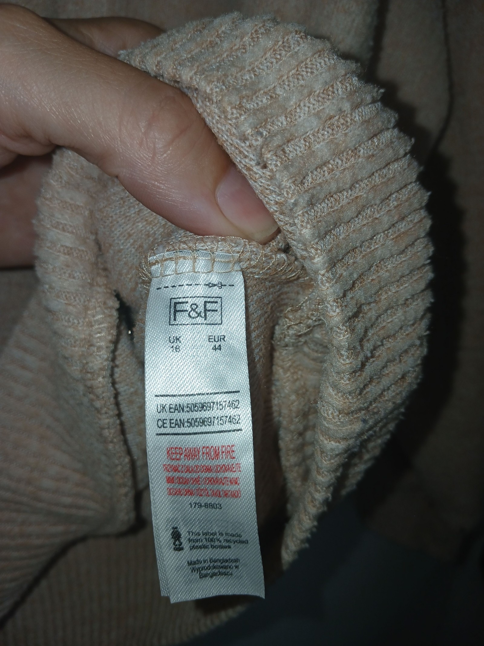 F&F Women's Beige Ribbed Half Zip Jumper UK 16 image 3