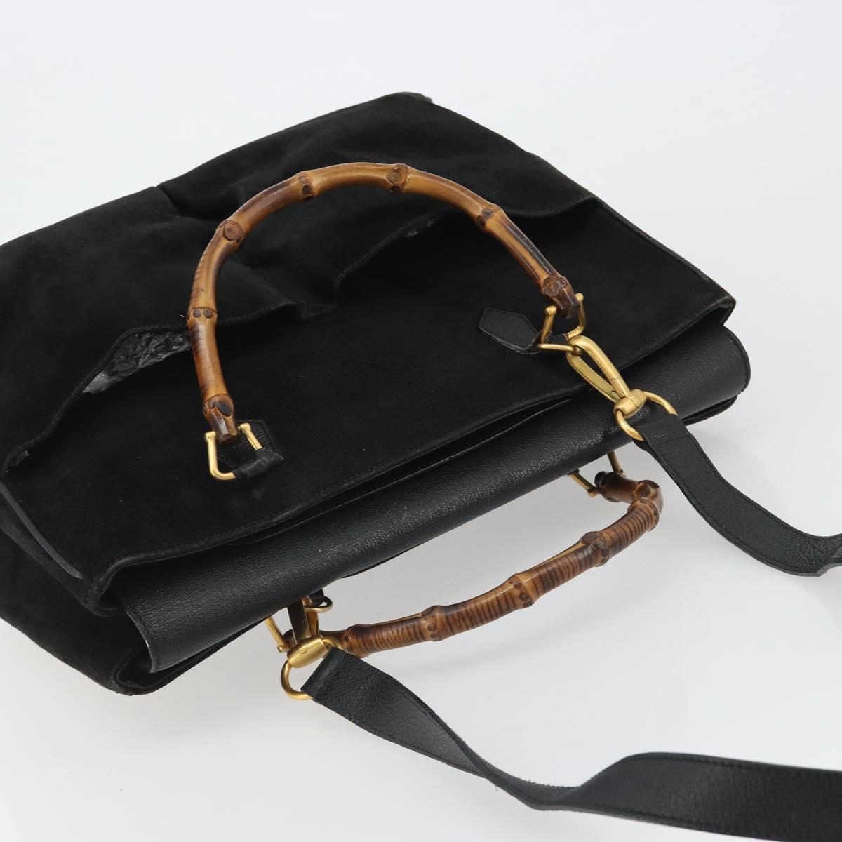 GUCCI Bamboo Hand Bag Suede 2way Black Gold 002 2855 Auth ka5206 image 6