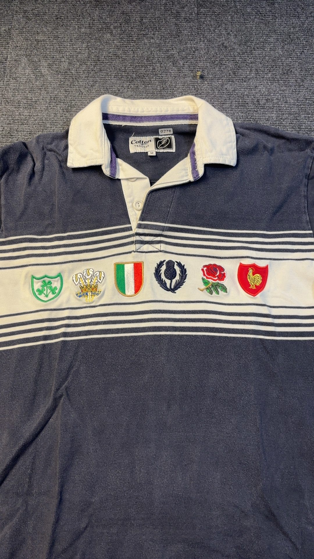 Cotton Traders Navy & White 6 Nartions Rugby Shirt Medium Embroidered Crest good condition image 2