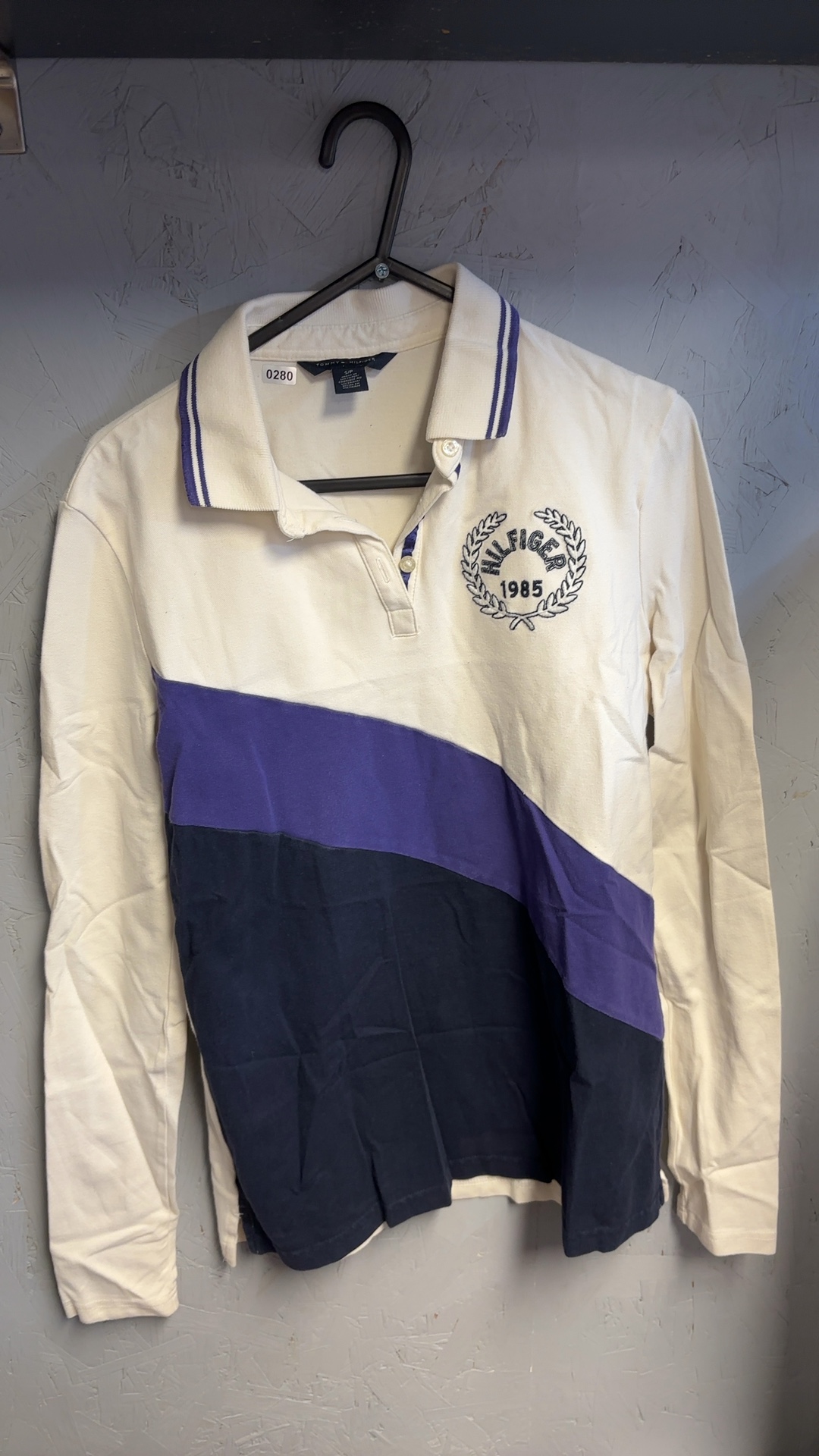 Tommy Hilfiger Vintage Women's White Purple & Navy Long Sleeve Color Block Polo Shirt Medium image 2