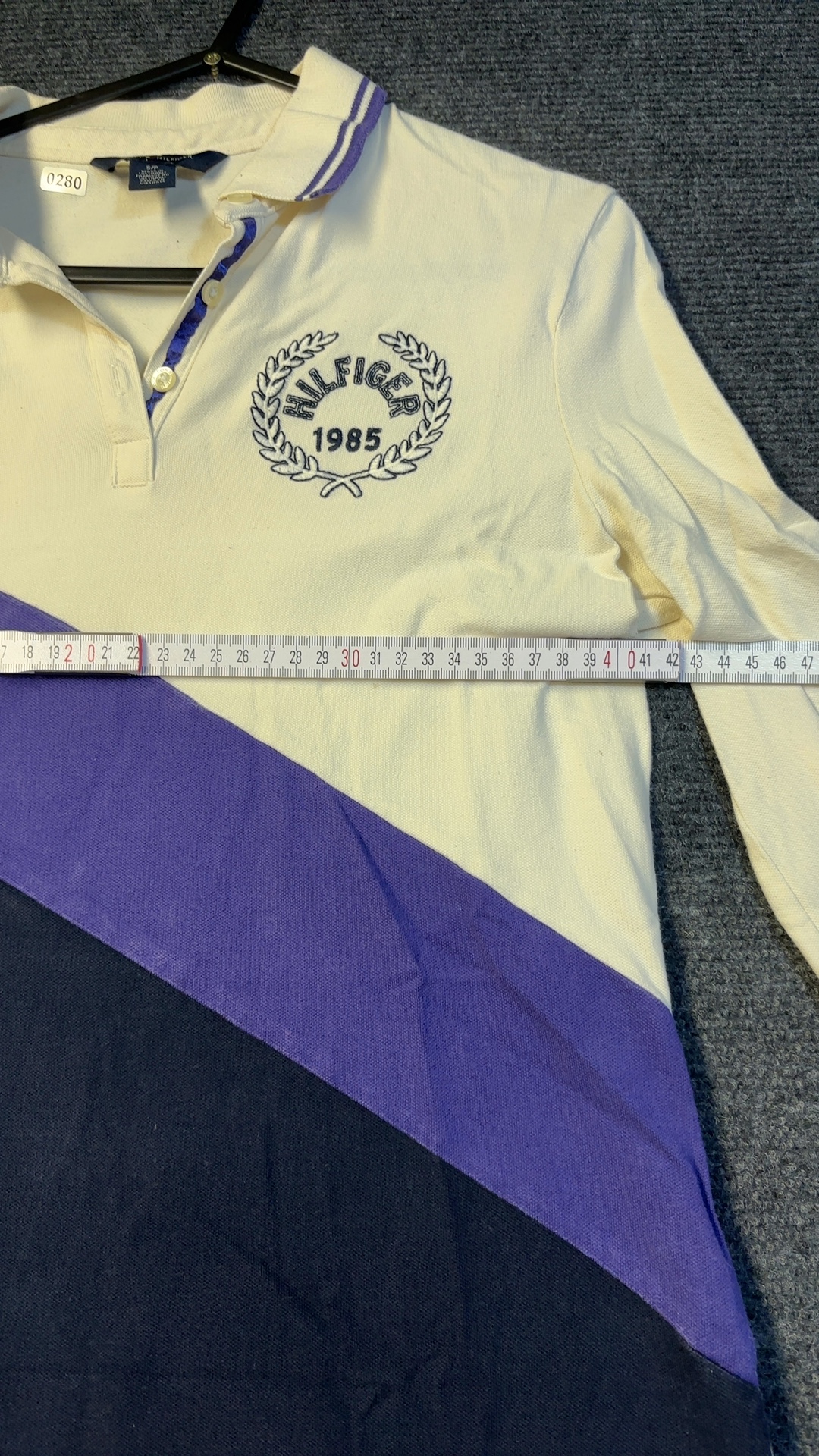 Tommy Hilfiger Vintage Women's White Purple & Navy Long Sleeve Color Block Polo Shirt Medium image 8