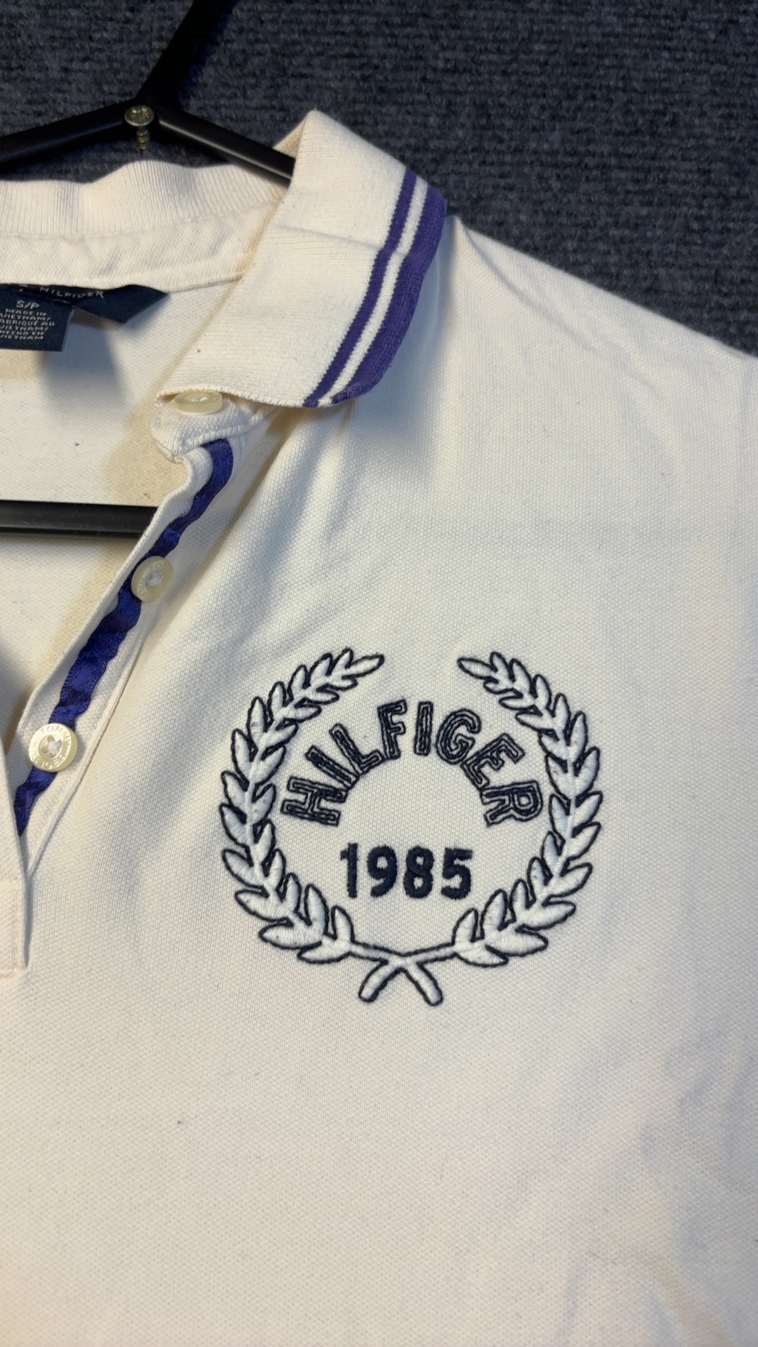 Tommy Hilfiger Vintage Women's White Purple & Navy Long Sleeve Color Block Polo Shirt Medium image 4
