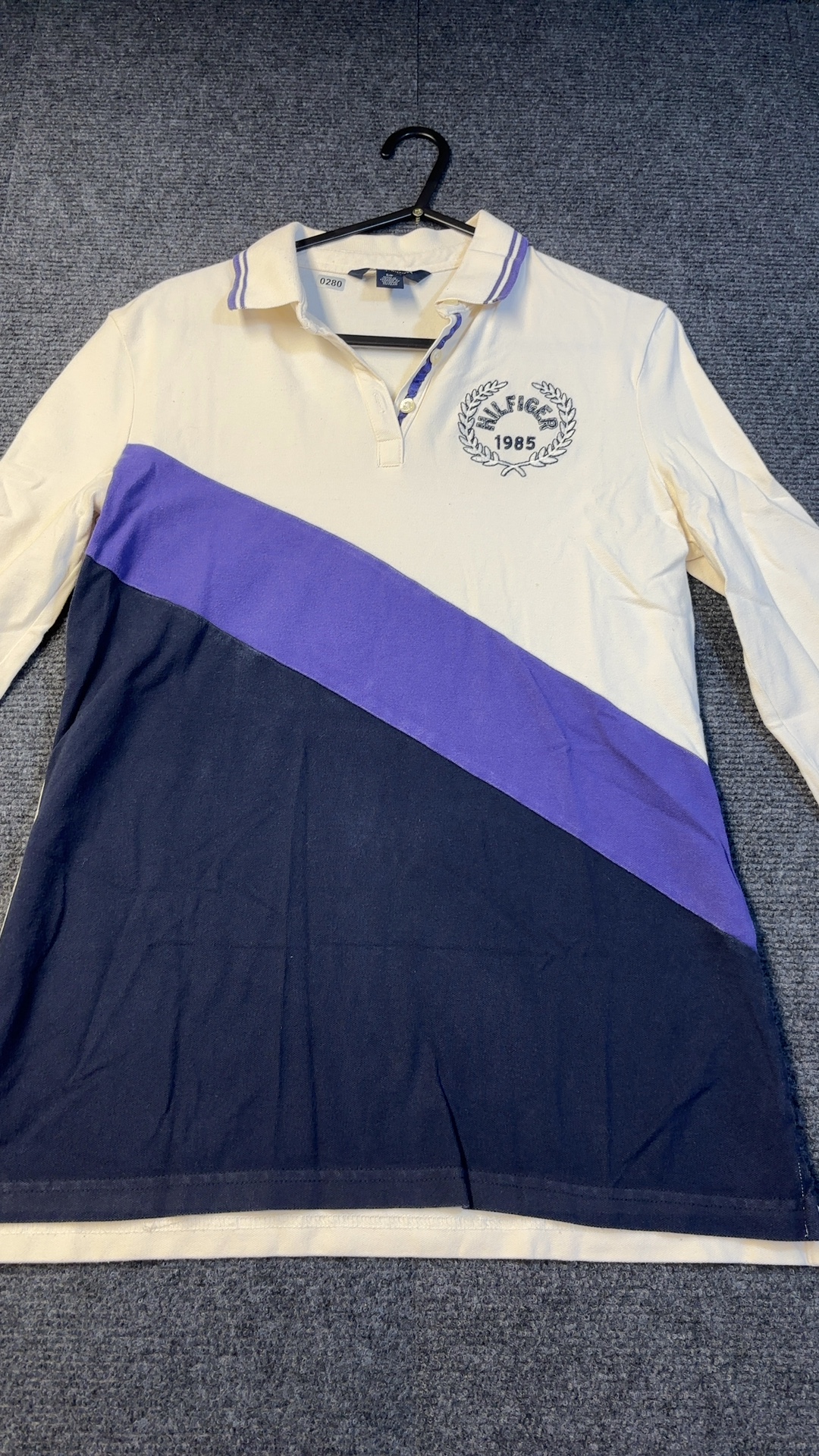 Tommy Hilfiger Vintage Women's White Purple & Navy Long Sleeve Color Block Polo Shirt Medium