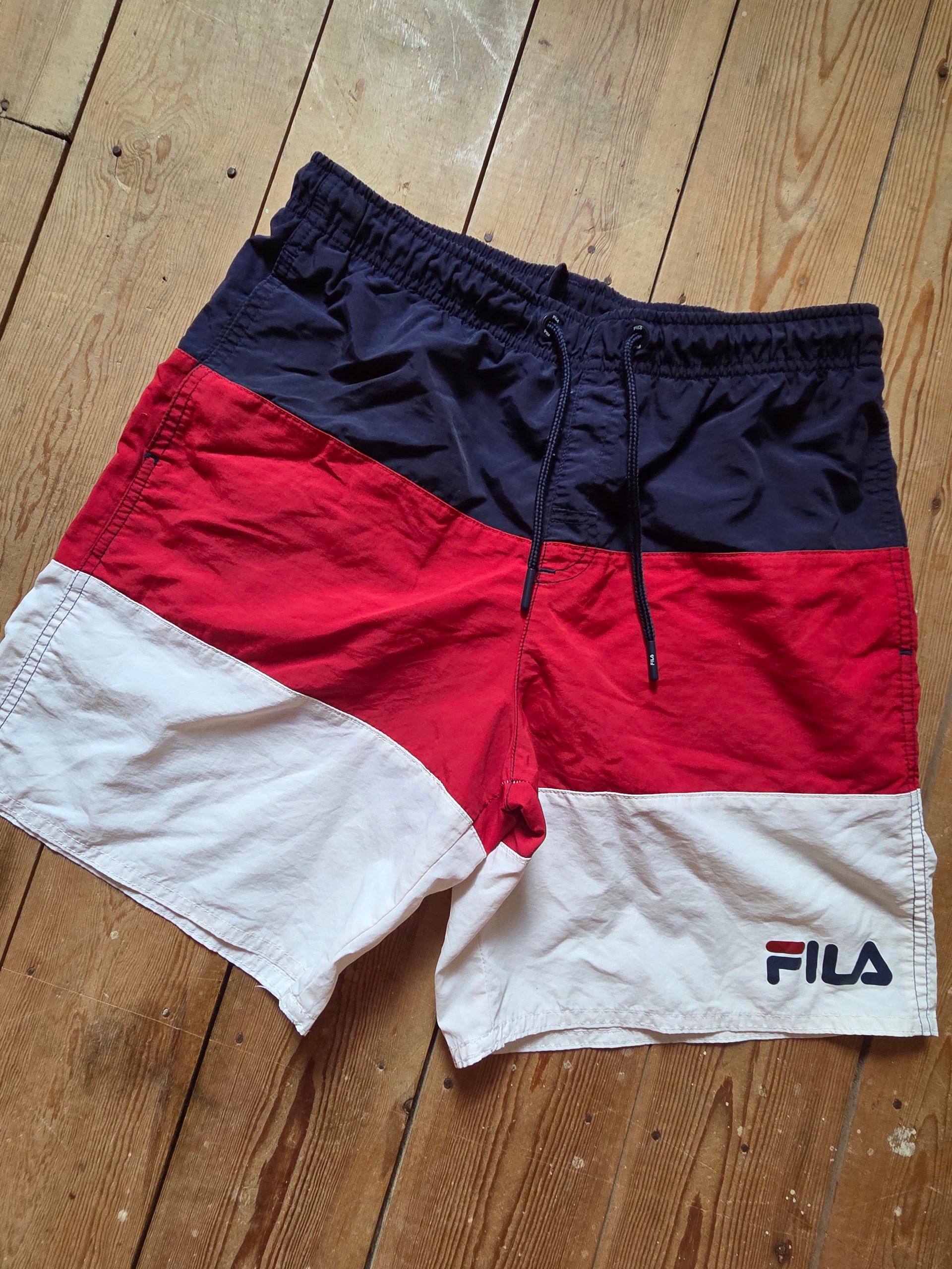 Vintage FILA Boys Swim Shorts Age 12-14 Navy Red White Colour Block Retro