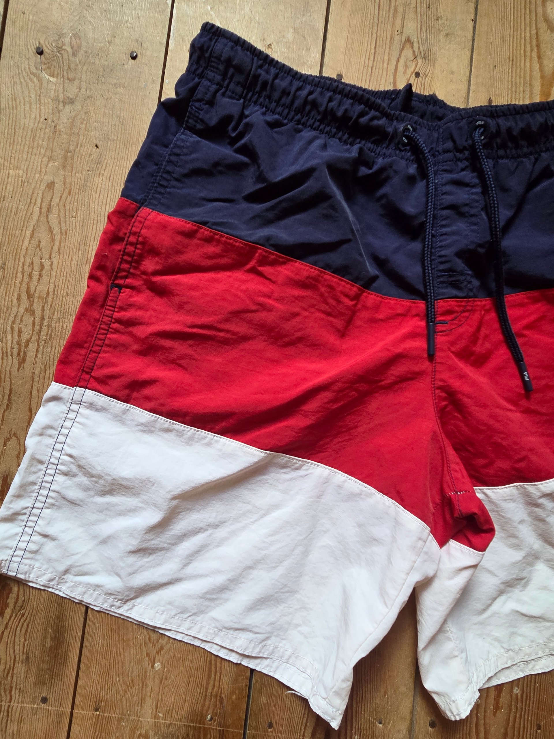 Vintage FILA Boys Swim Shorts Age 12-14 Navy Red White Colour Block Retro image 8