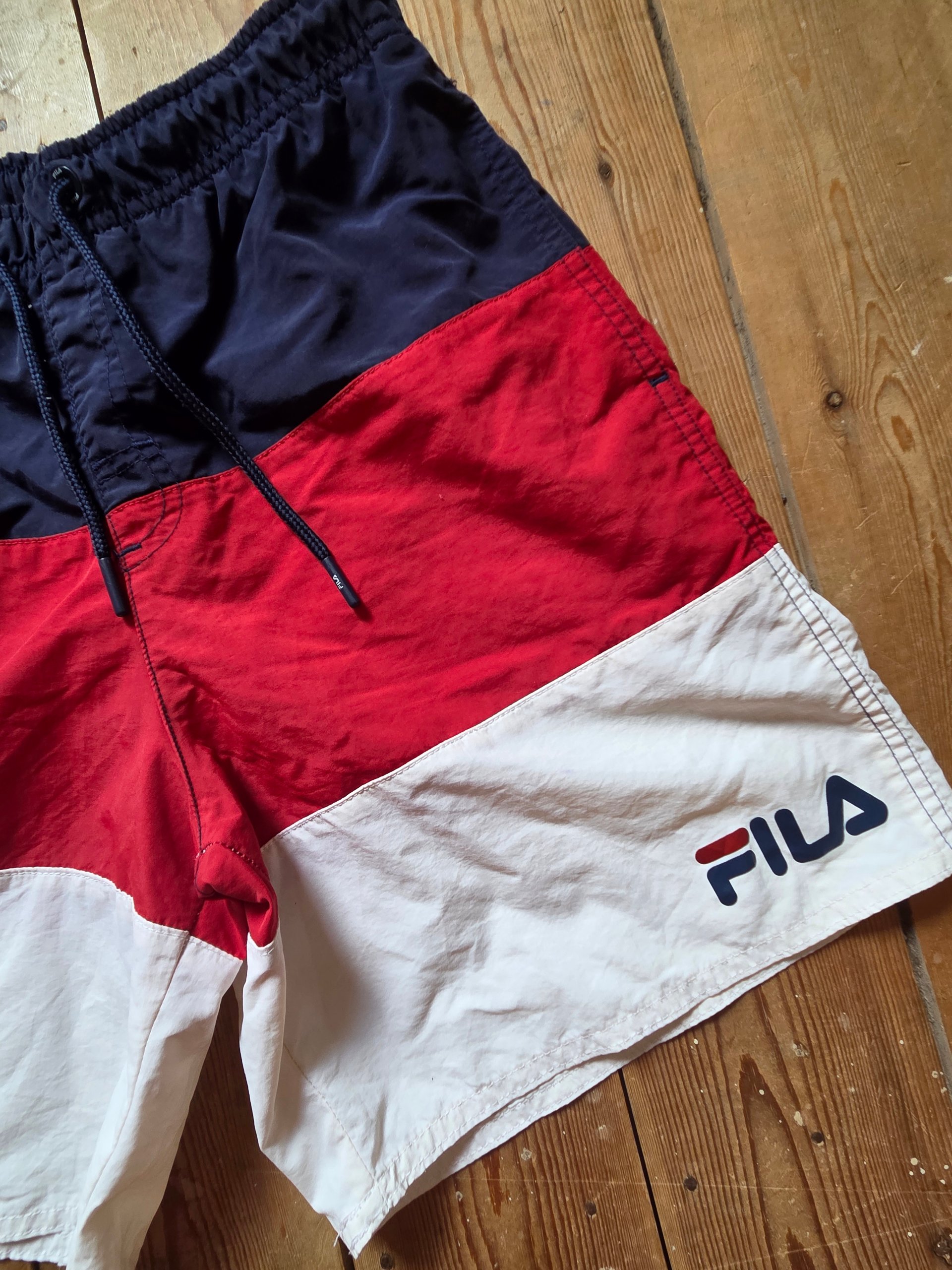 Vintage FILA Boys Swim Shorts Age 12-14 Navy Red White Colour Block Retro image 9