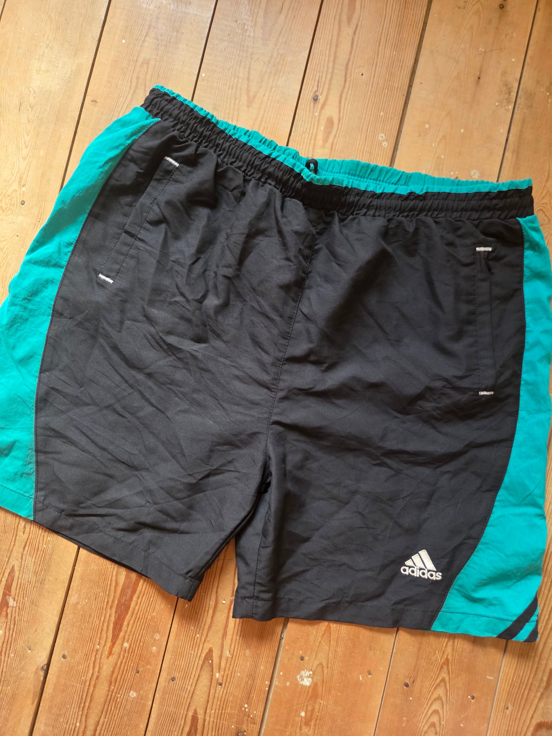 Vintage 90s Adidas Nylon Shorts Black Teal Men’s XL Retro Sportswear