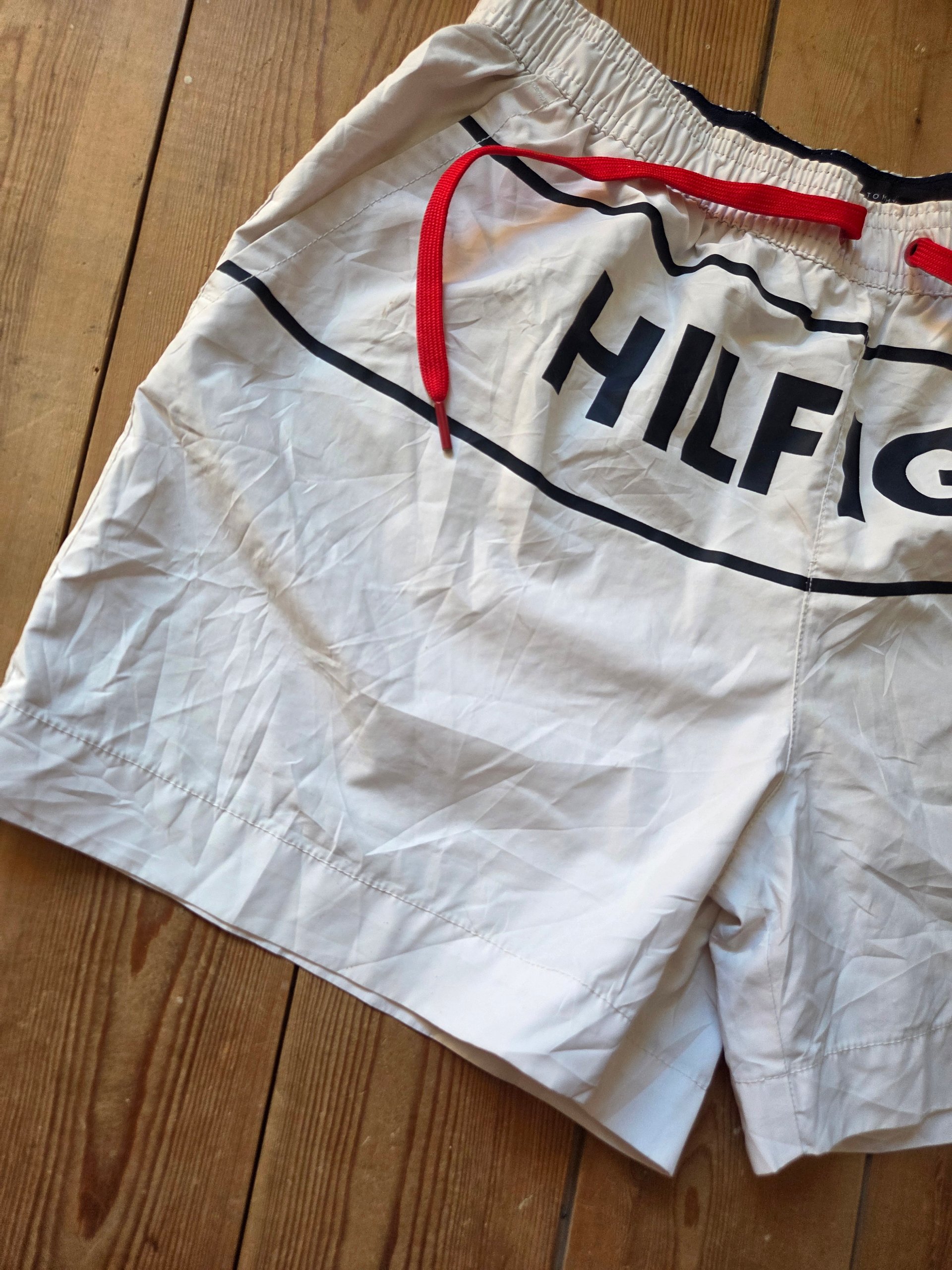 Tommy Hilfiger Men’s White Logo Swim Shorts Navy Red Drawstring Size M image 9