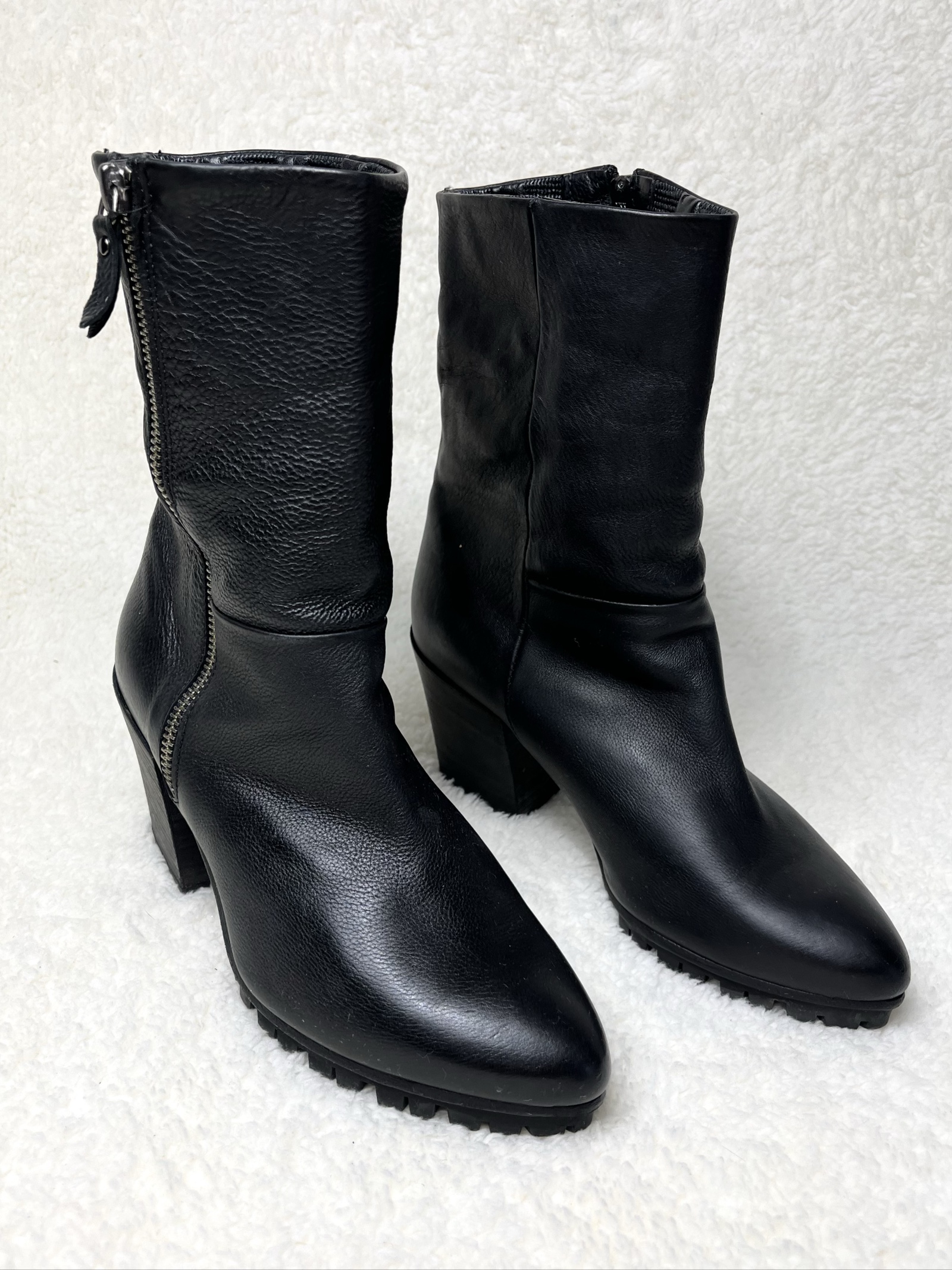 Vic Matie genuine Leather Mid-Calf biker boots Zip Block Heel size 37 image 2