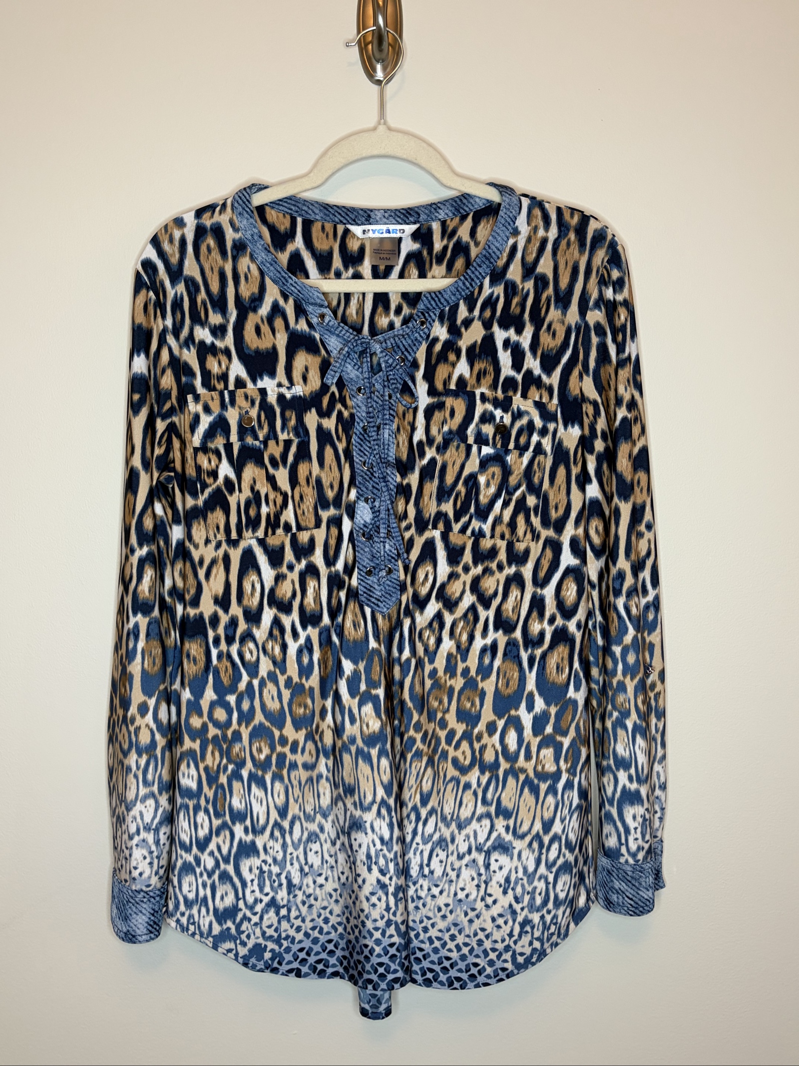 Rygard Women's Blue & Brown Leopard Print Lace-Up Blouse Medium image 3