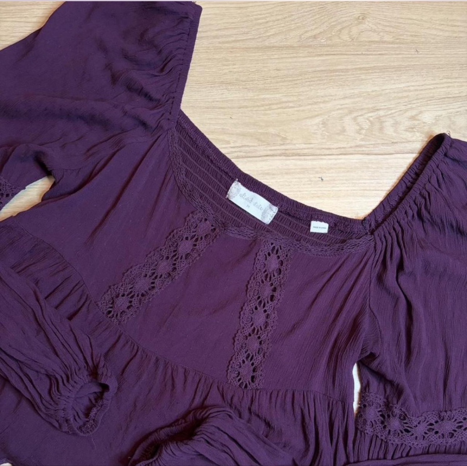 Athrwd State Women's Purple Crochet Trim Peasant Blouse Medium