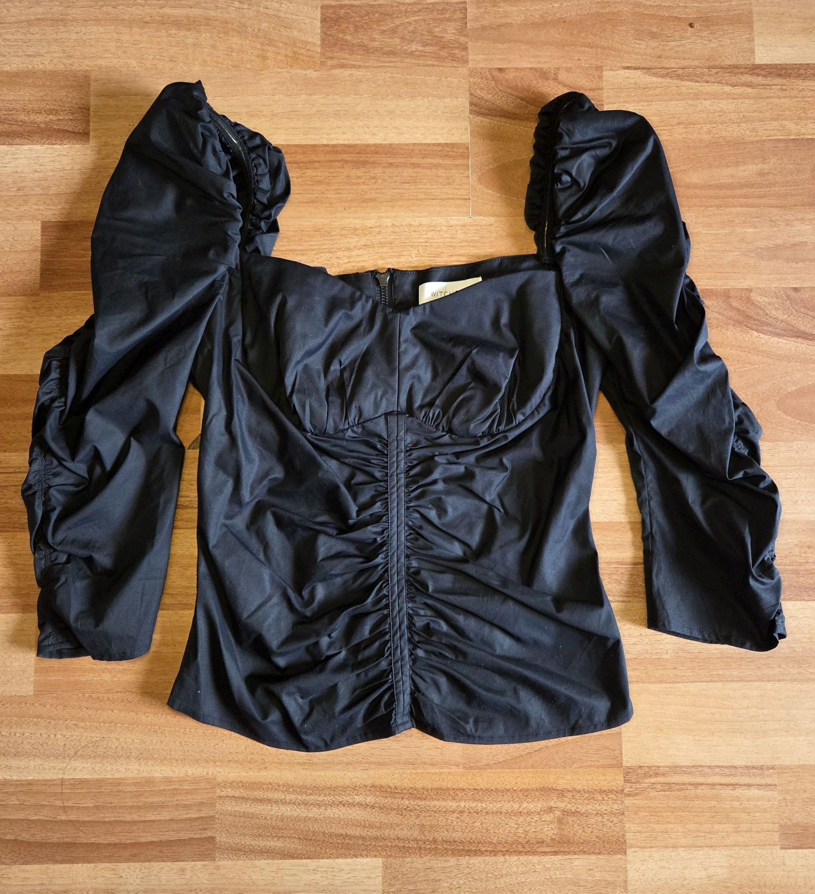 Witchery Women's Black Cotton Ruched Blouse Size 8 Puff Sleeve