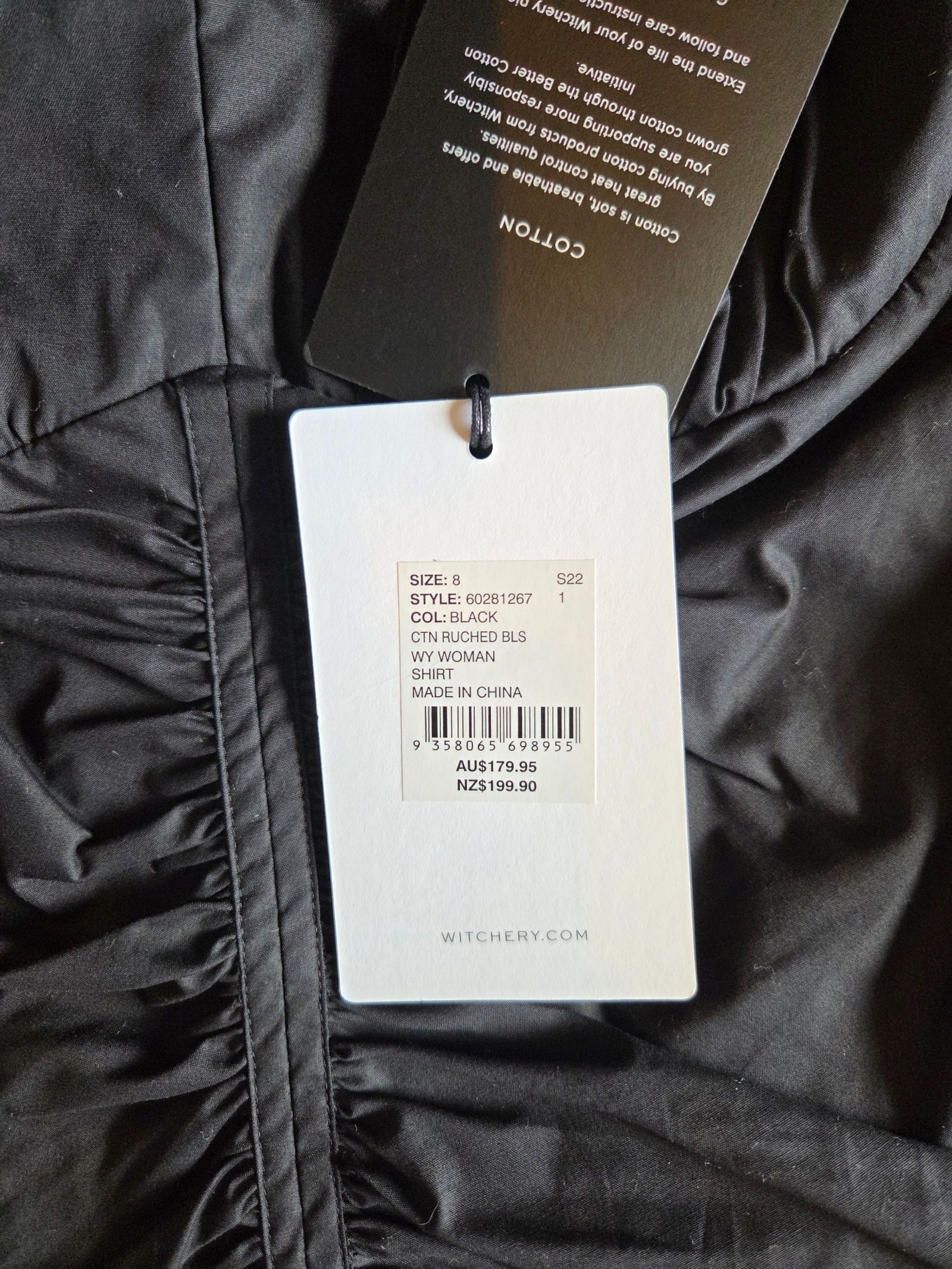 Witchery Women Black Cotton Ruched Sleeve Shirt Size 8 image 3