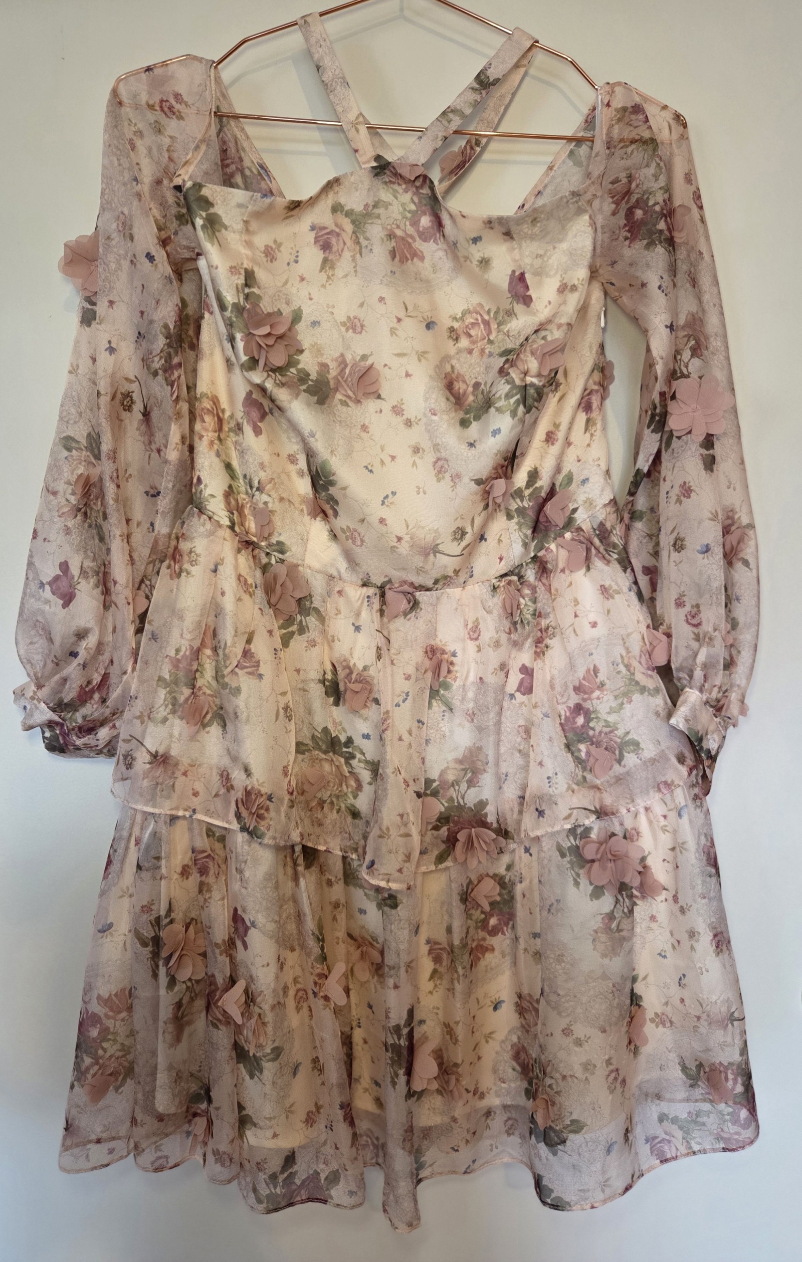Alpha-Be Women's Pink Floral 3D Flower Mesh Sleeve Dress Size 14 image 2