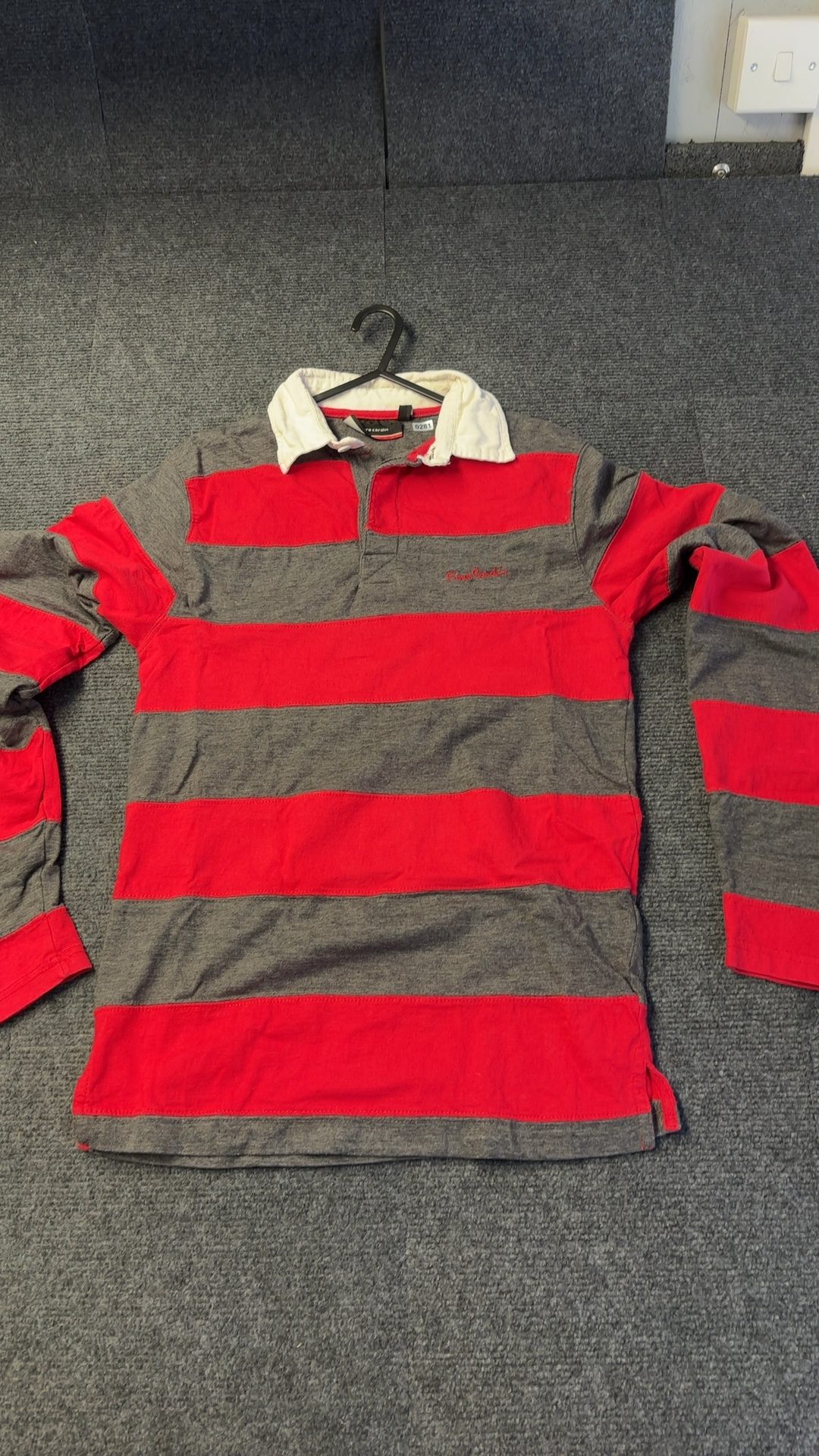 Pierre Cardin Men's Red & Grey Striped Cotton Rugby Shirt Small good condition image 2